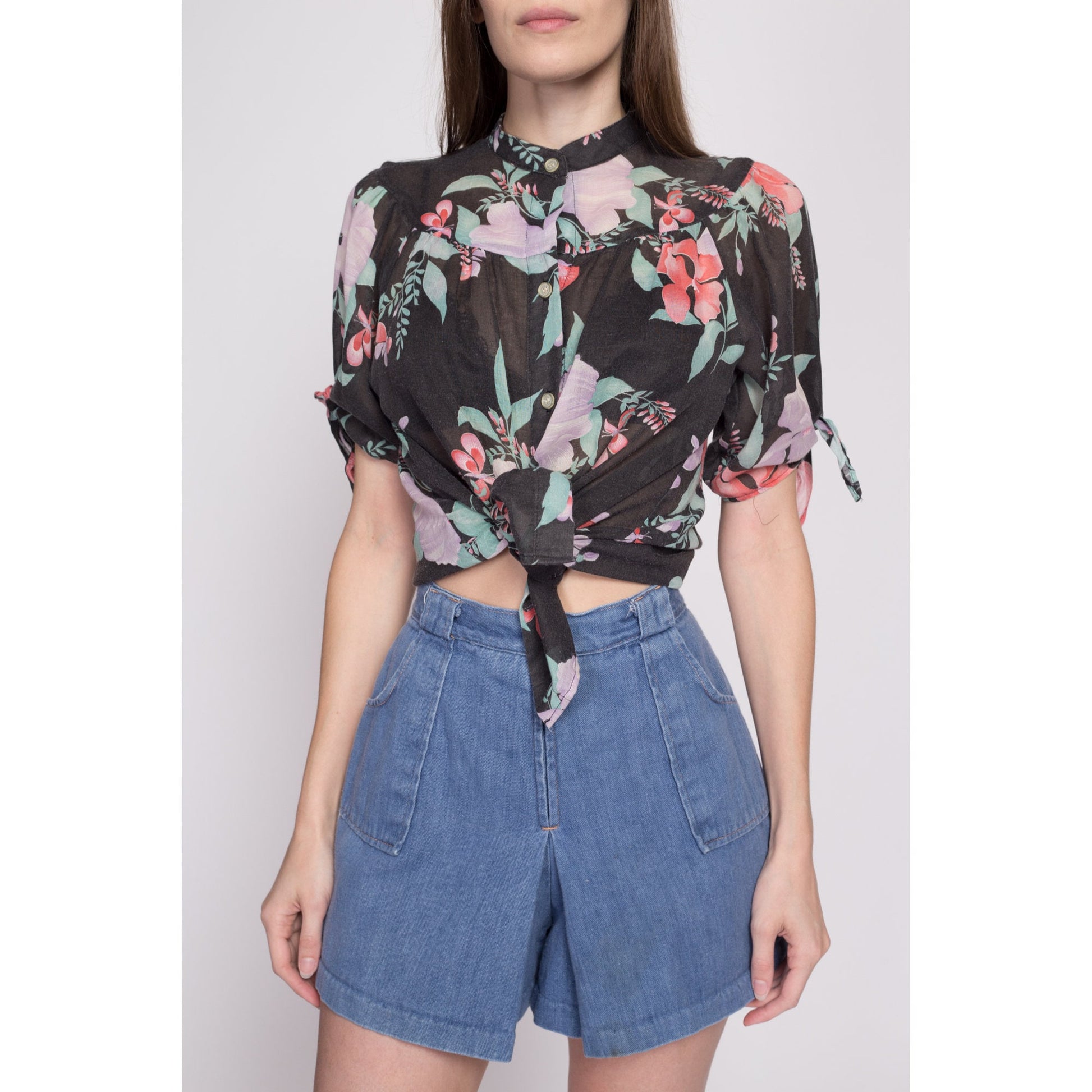 70s Boho Black Tropical Floral Blouse - Small to Large | Vintage Fritzi Sheer Half Sleeve Hippie Shirt