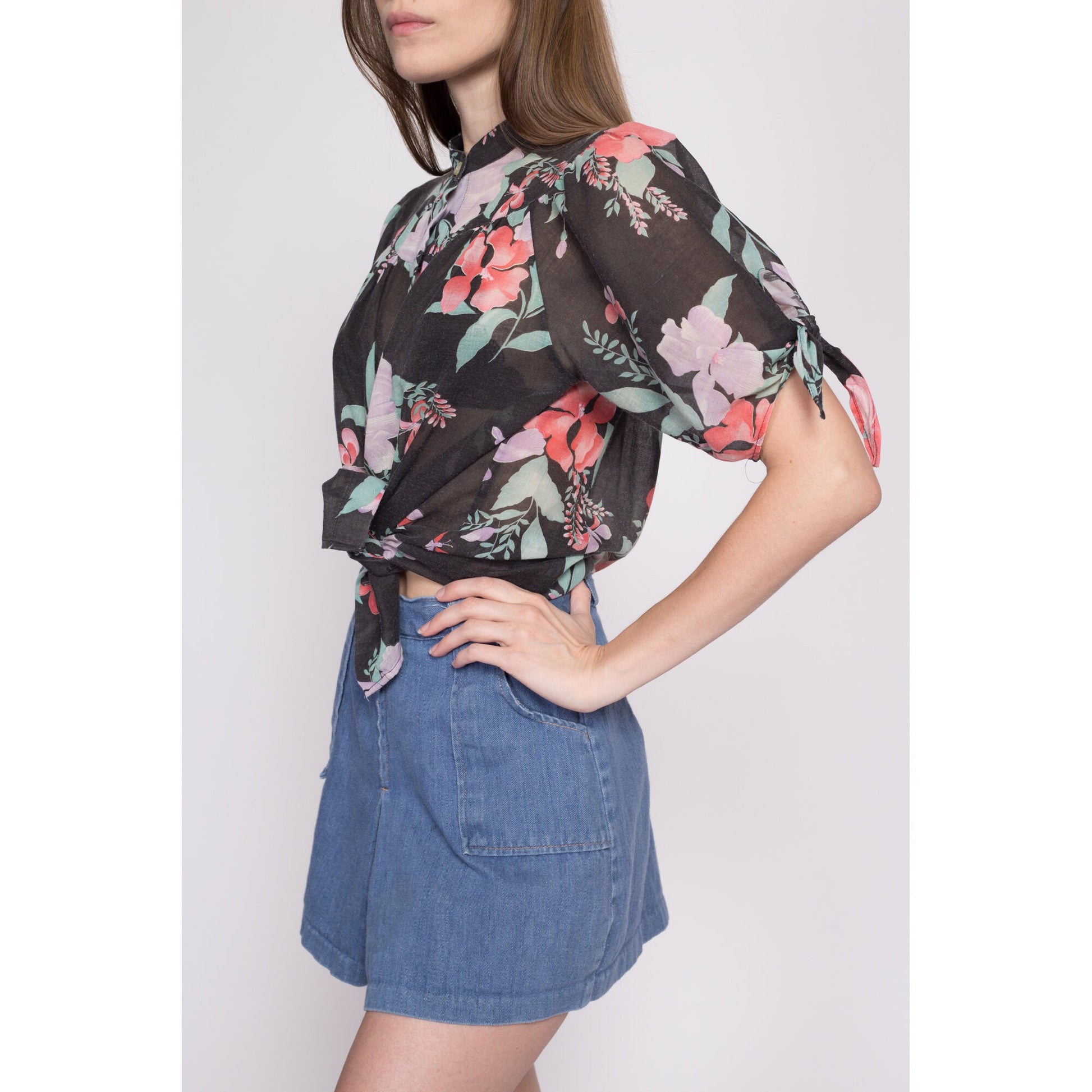 70s Boho Black Tropical Floral Blouse - Small to Large | Vintage Fritzi Sheer Half Sleeve Hippie Shirt