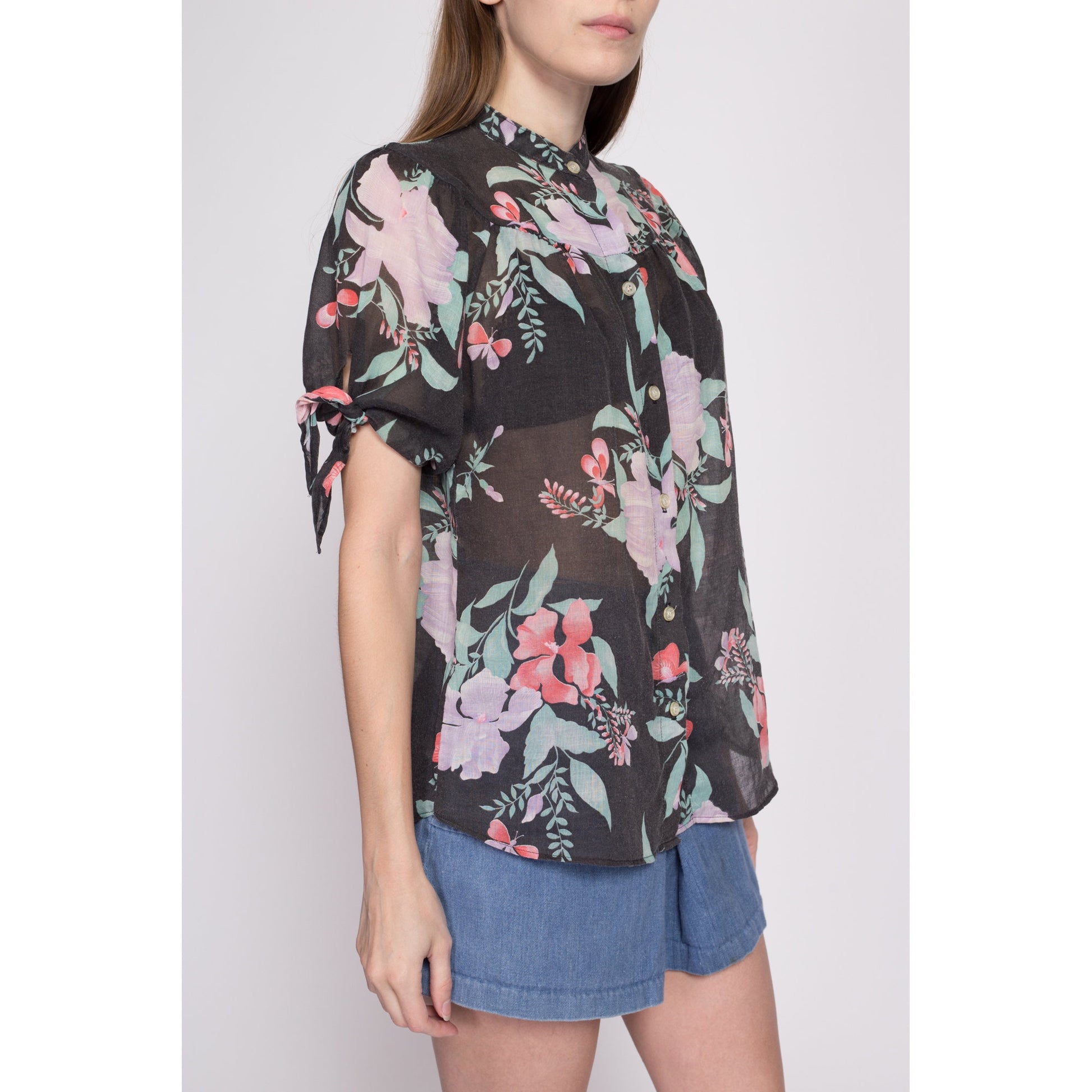70s Boho Black Tropical Floral Blouse - Small to Large | Vintage Fritzi Sheer Half Sleeve Hippie Shirt