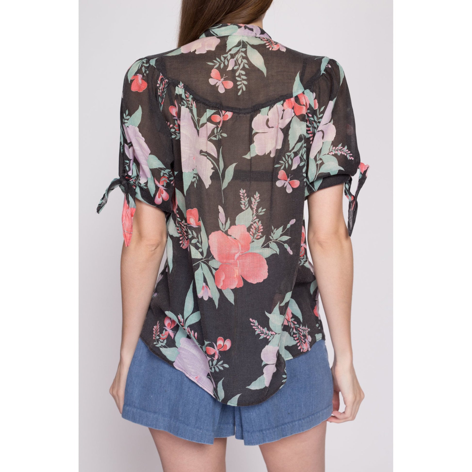 70s Boho Black Tropical Floral Blouse - Small to Large | Vintage Fritzi Sheer Half Sleeve Hippie Shirt