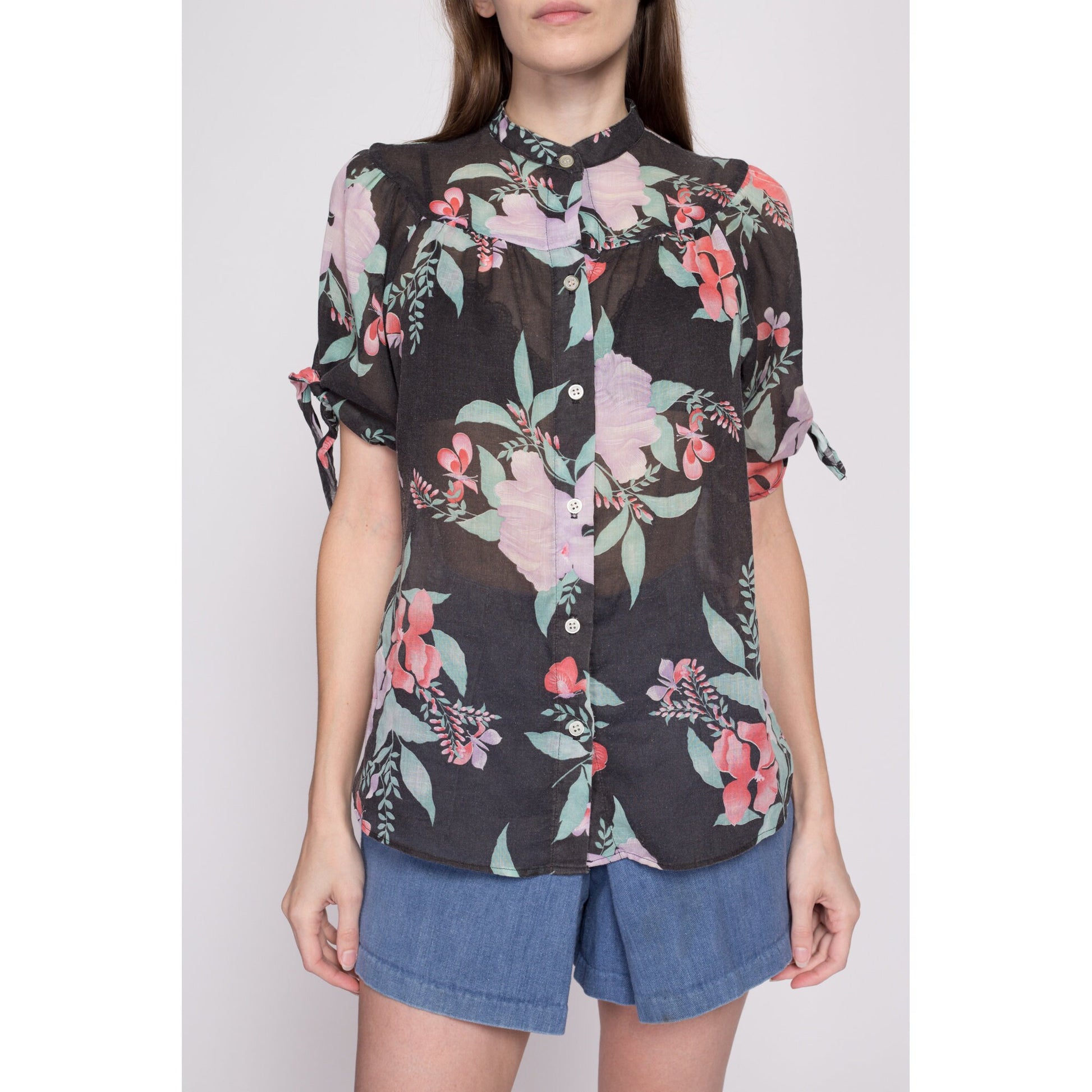 70s Boho Black Tropical Floral Blouse - Small to Large | Vintage Fritzi Sheer Half Sleeve Hippie Shirt