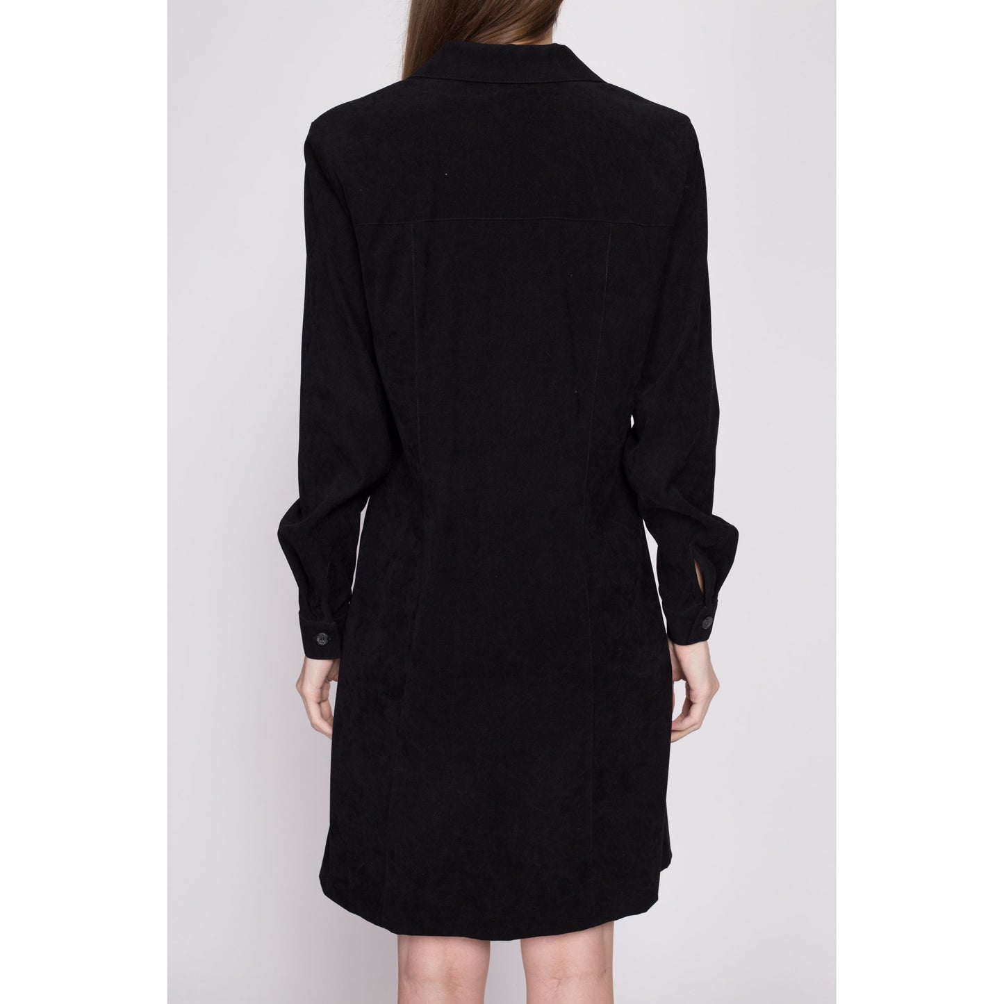 90s Black Ultrasuede Mini Shirtdress - Medium | Vintage Button Front Long Sleeve Collared Gothic Minimalist Dress