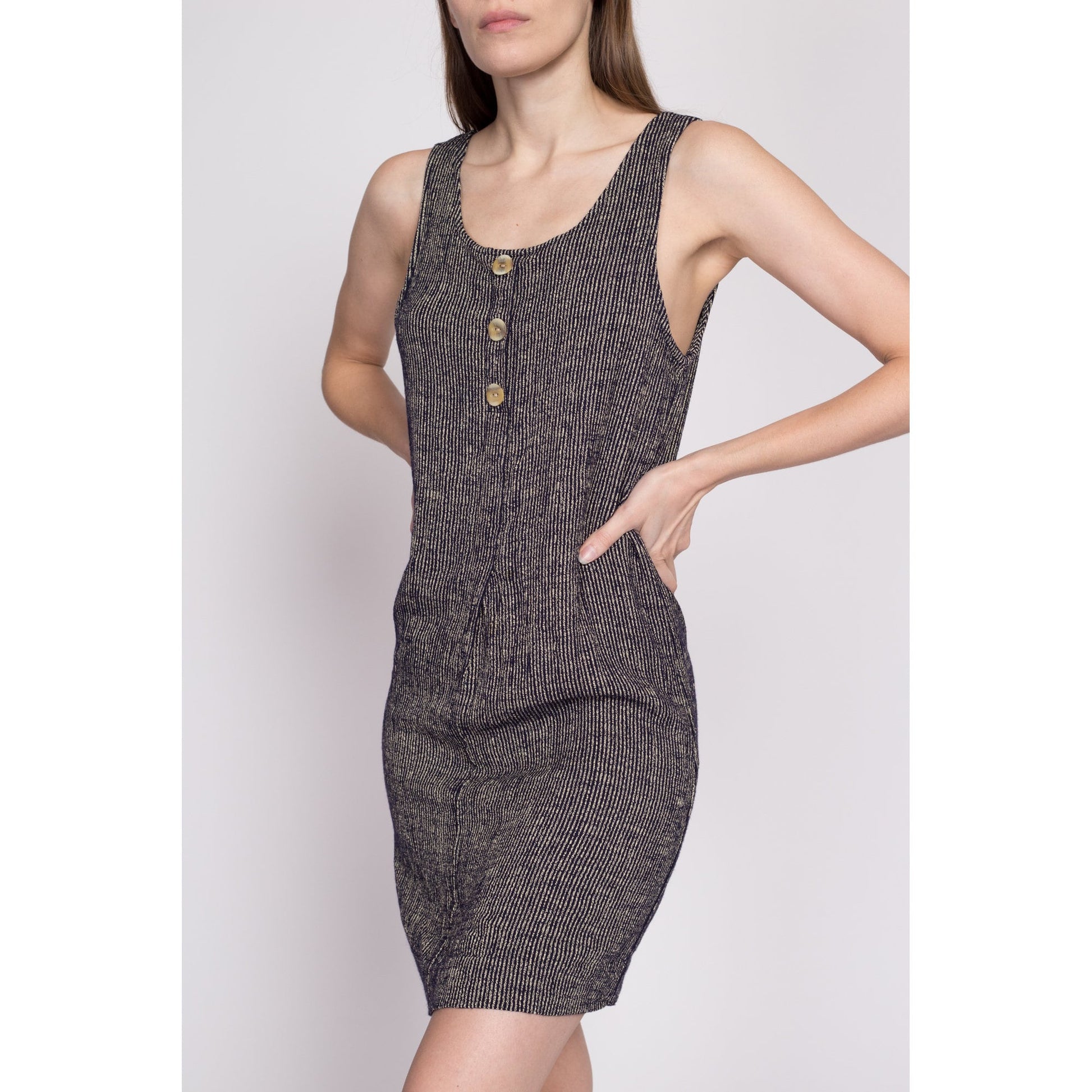 90s Striped Knit Fitted Mini Tank Dress - Medium | Vintage Grunge Sleeveless Button Front Pinafore Dress