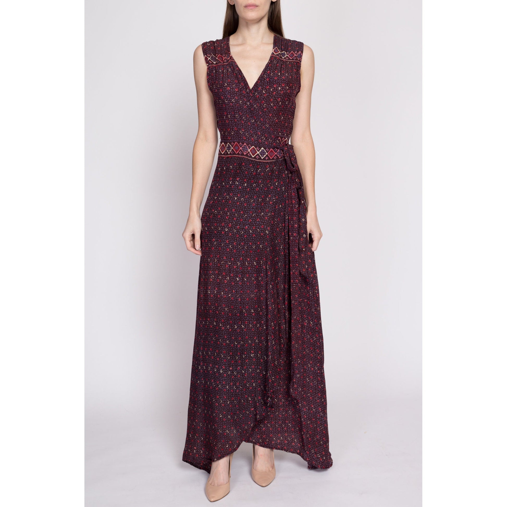 Natalie Martin Silk Maxi Wrap Dress - Small | Danika Bohemian Sleeveless Formal Flowy Summer Gown