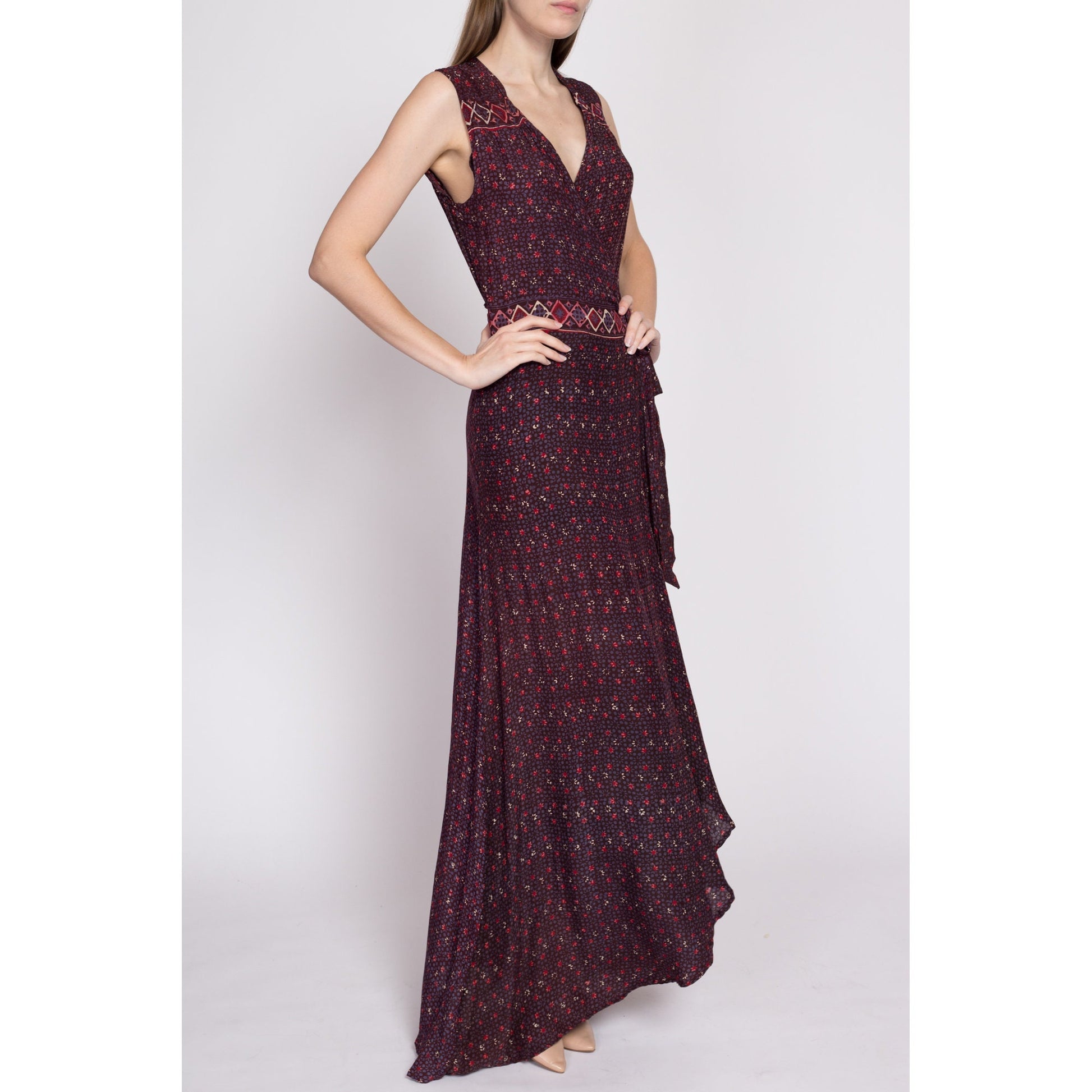 Natalie Martin Silk Maxi Wrap Dress - Small | Danika Bohemian Sleeveless Formal Flowy Summer Gown