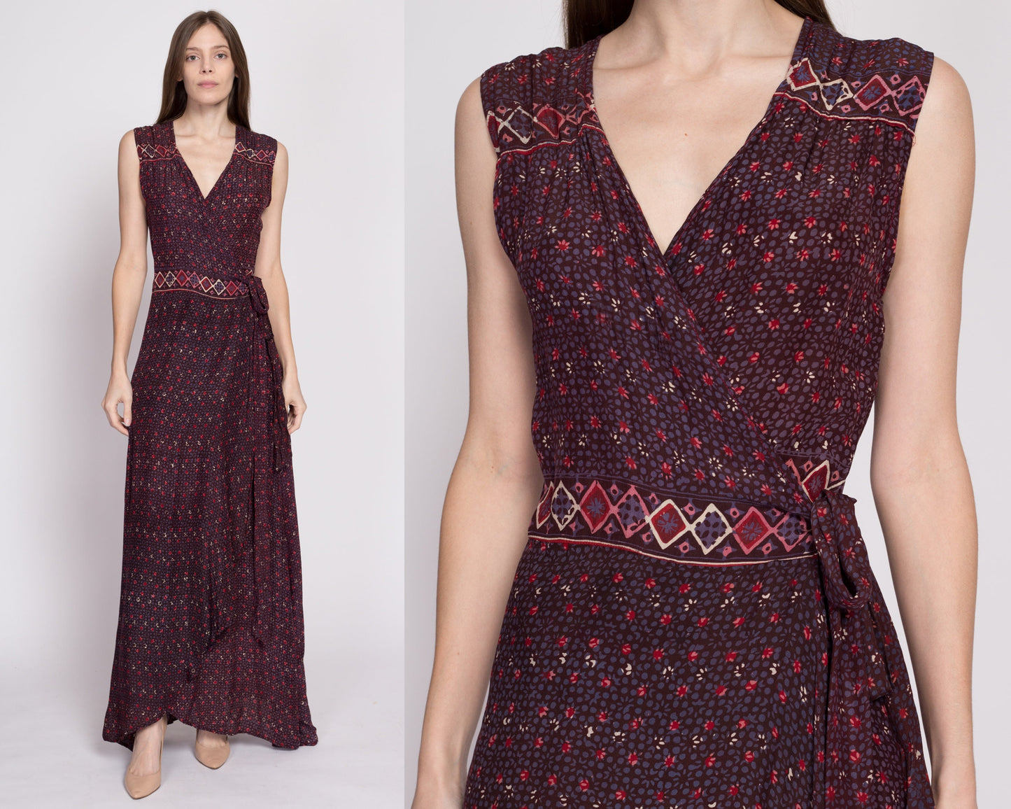 Natalie Martin Silk Maxi Wrap Dress - Small | Danika Bohemian Sleeveless Formal Flowy Summer Gown