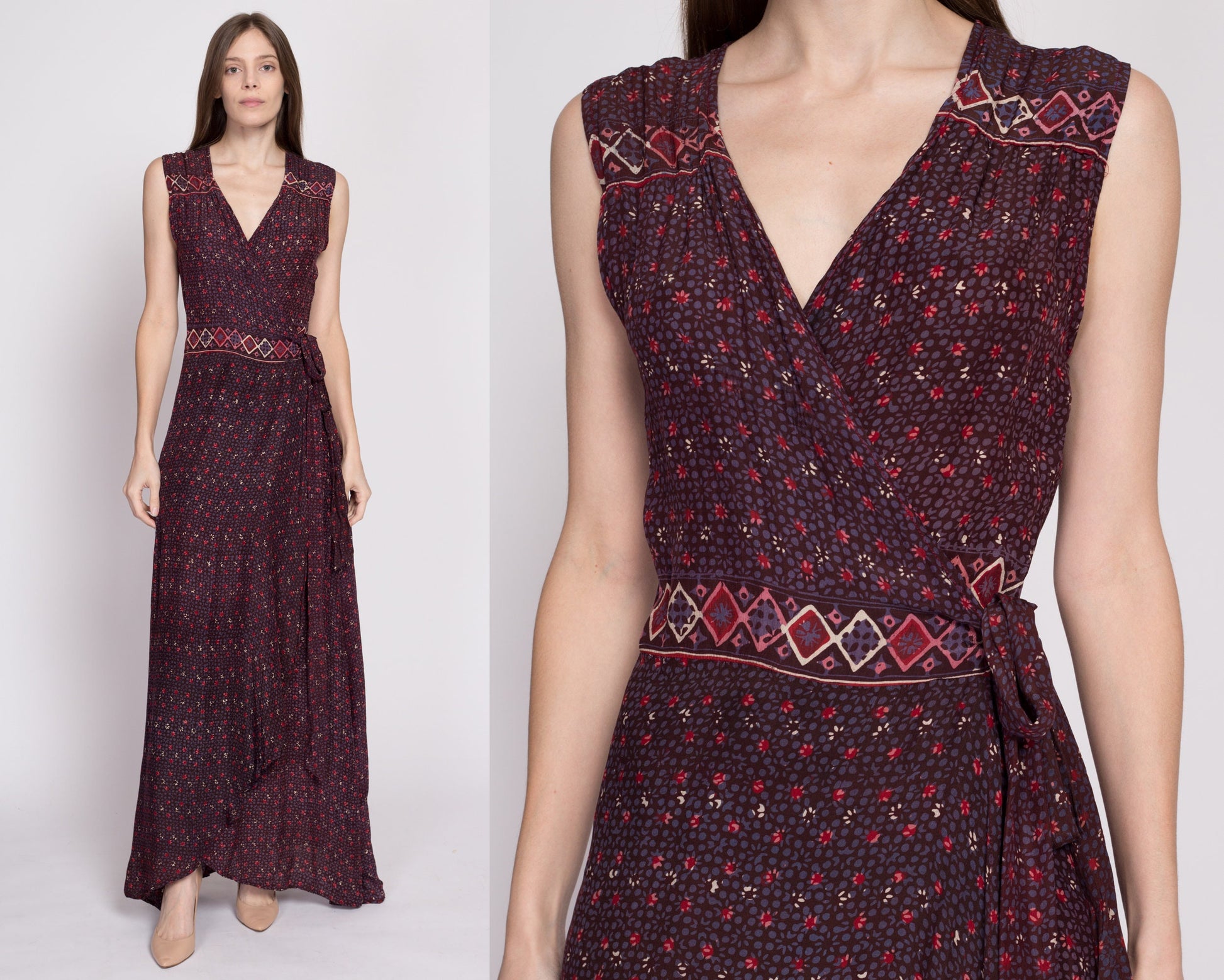 Natalie Martin Silk Maxi Wrap Dress - Small | Danika Bohemian Sleeveless Formal Flowy Summer Gown
