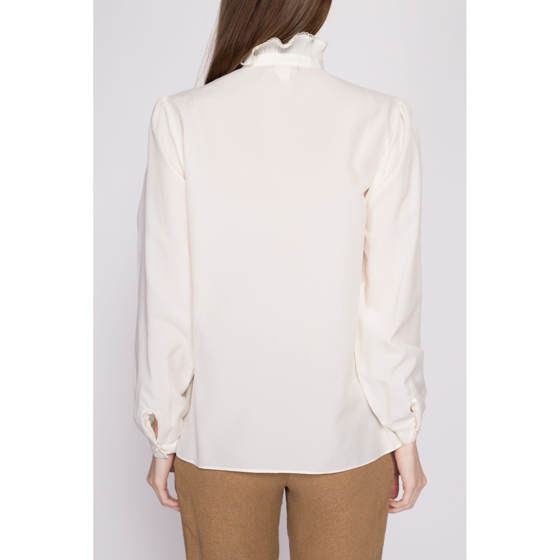 70s Sheer Tuxedo Ruffle Blouse - Large | Vintage Edwardian Boho White Long Sleeve Top