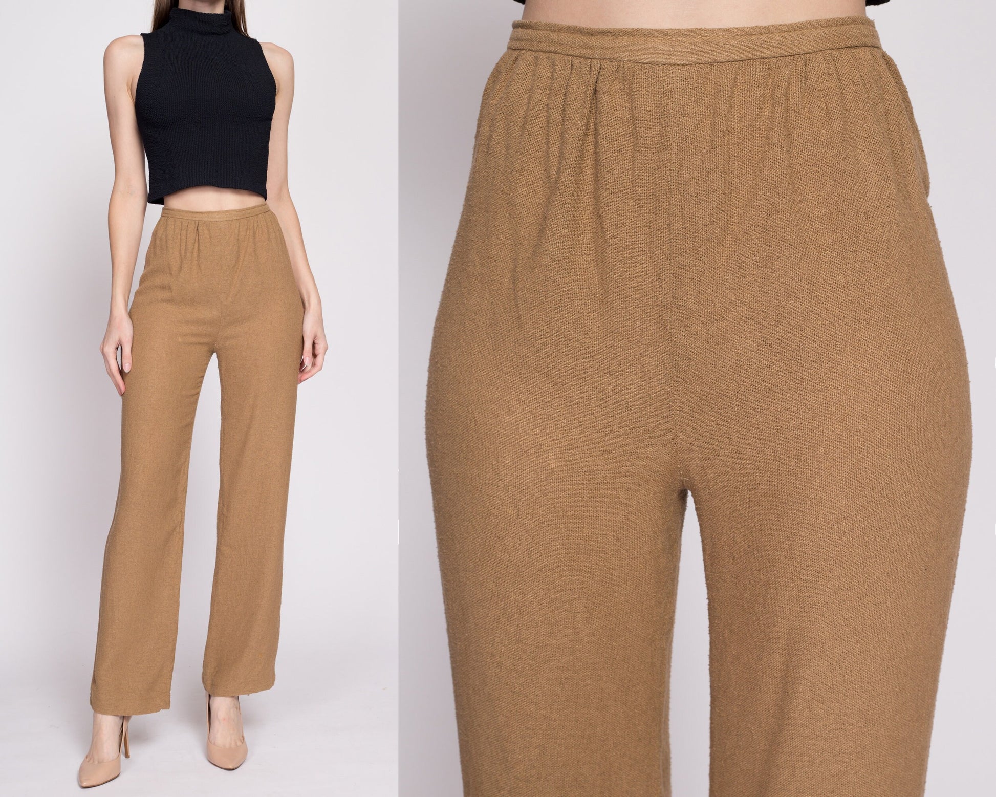 70s 80s Anne Klein Woven Trousers - Small, 26" | Vintage High Waisted Brown Straight Leg Pants