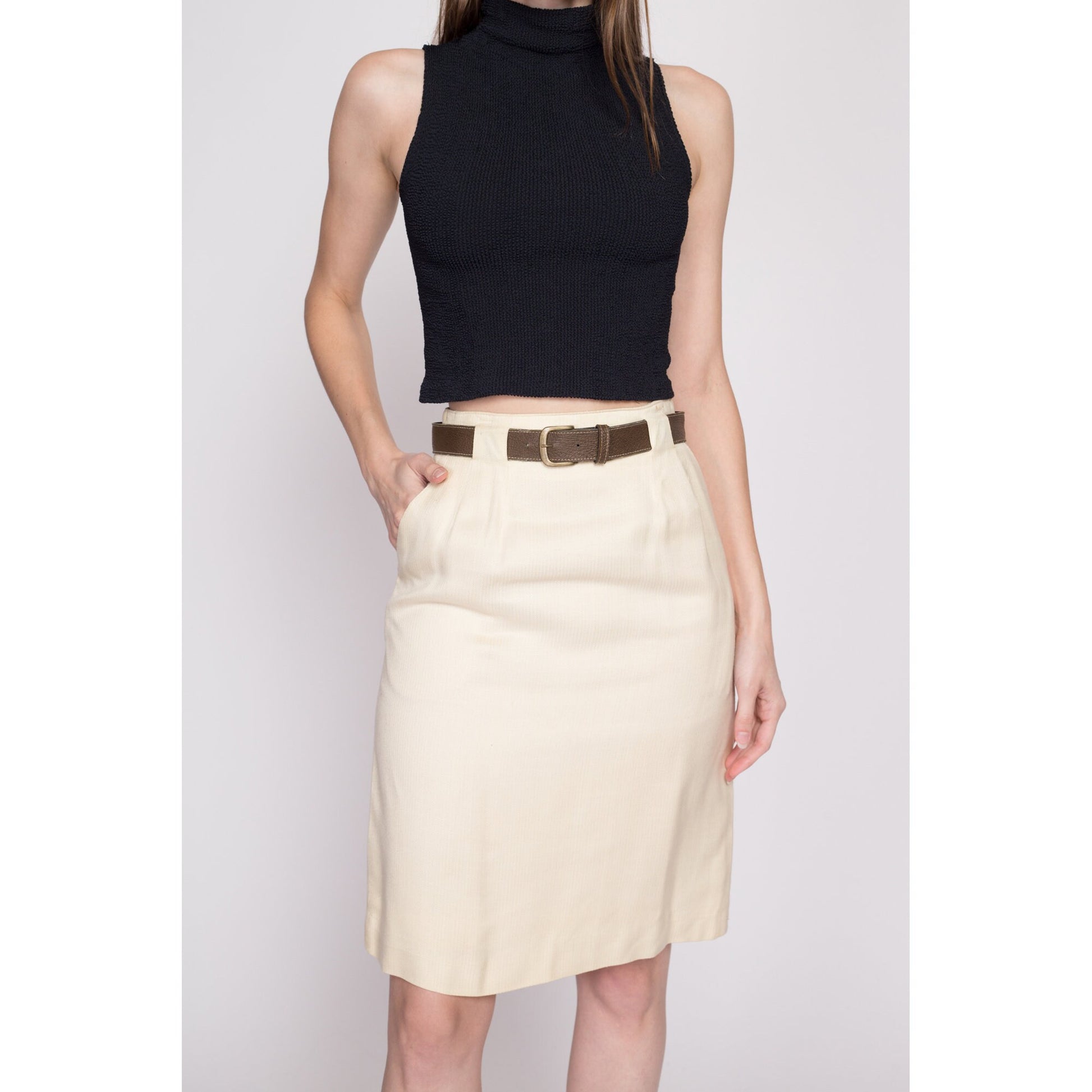 70s 80s Evan Picone Belted Skirt - Extra Small, 24.5" | Vintage Cream Secretary A Line Mini Skirt