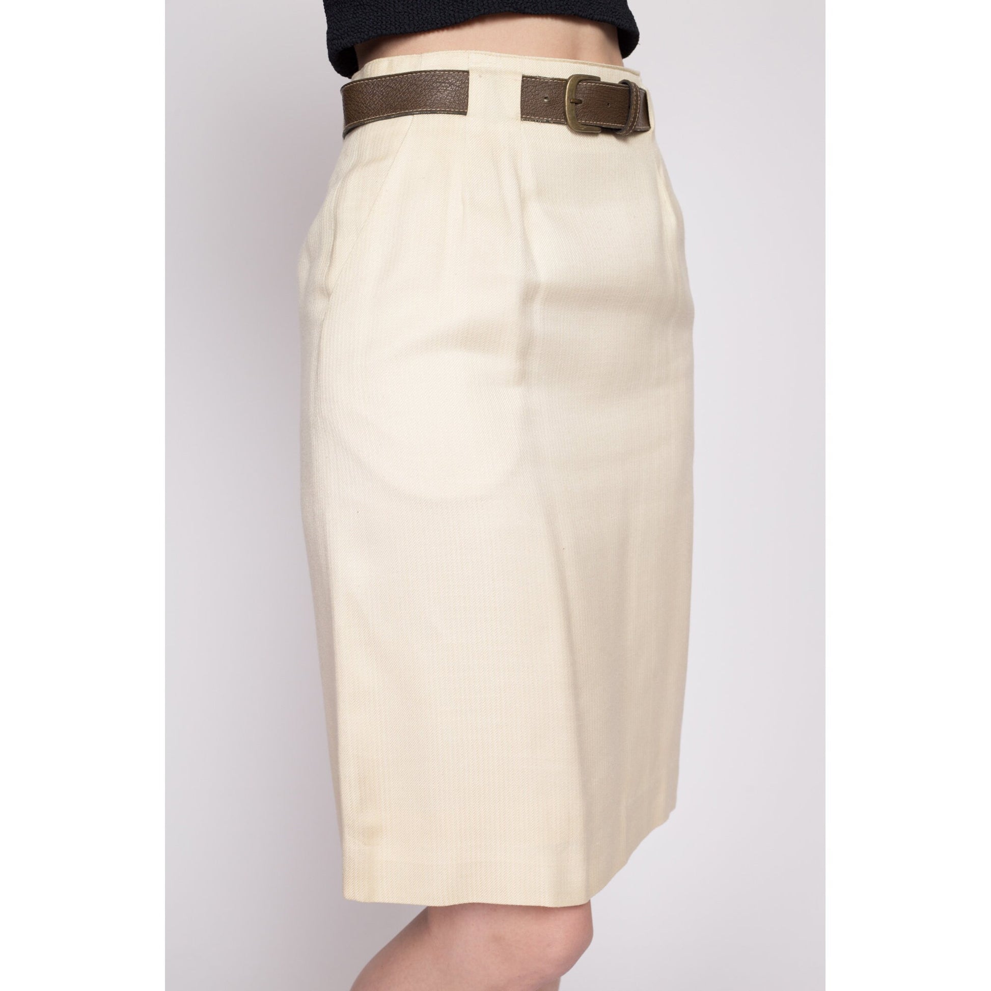 70s 80s Evan Picone Belted Skirt - Extra Small, 24.5" | Vintage Cream Secretary A Line Mini Skirt