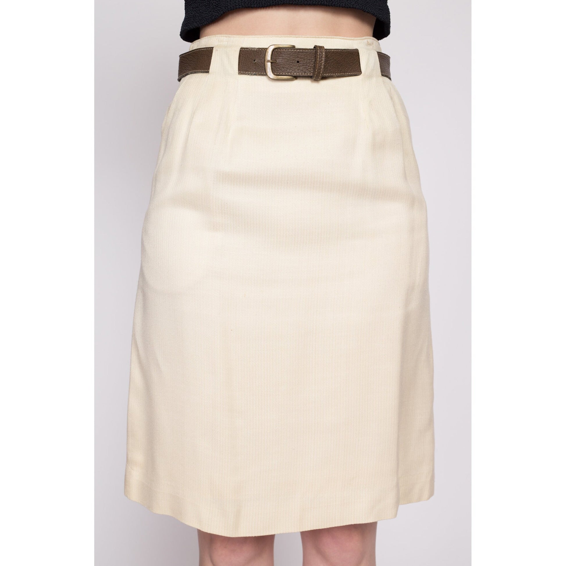 70s 80s Evan Picone Belted Skirt - Extra Small, 24.5" | Vintage Cream Secretary A Line Mini Skirt