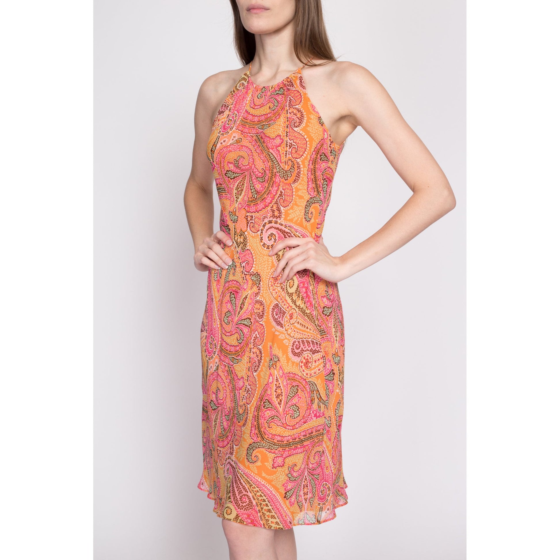 90s Ann Taylor Silk Paisley Slip Dress - XS to Small | Vintage Boho High Halter Neck Keyhole Midi Sundress