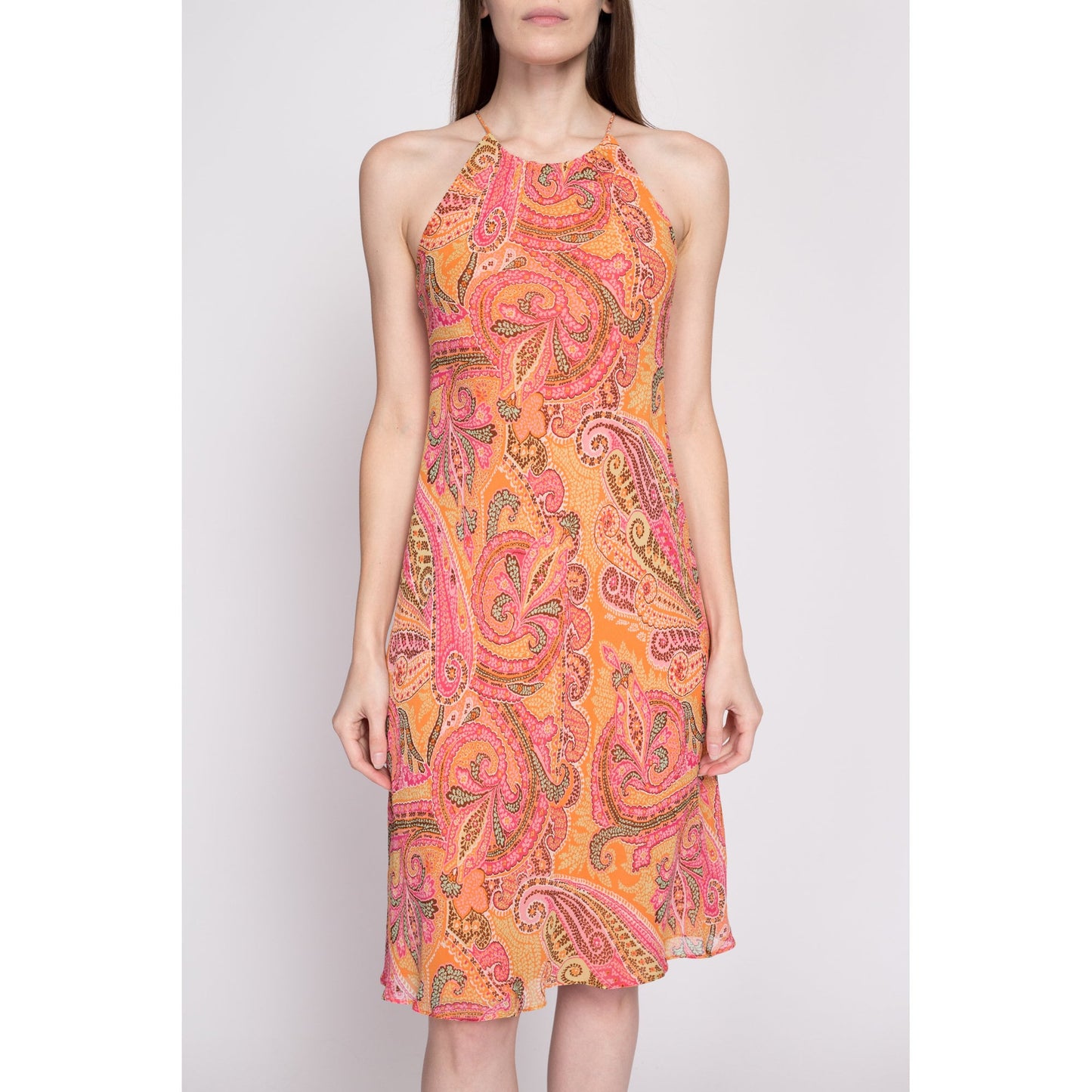 90s Ann Taylor Silk Paisley Slip Dress - XS to Small | Vintage Boho High Halter Neck Keyhole Midi Sundress