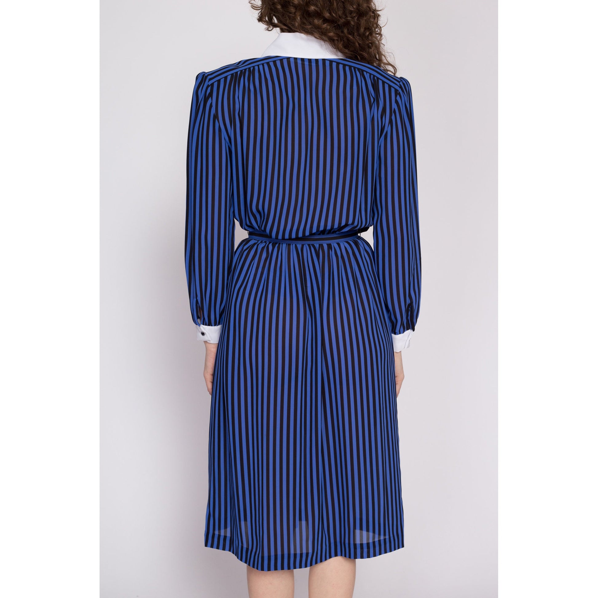 80s Black & Blue Striped Secretary Midi Dress - Medium | Vintage Belted Double Breasted Long Sleeve Collared Dress