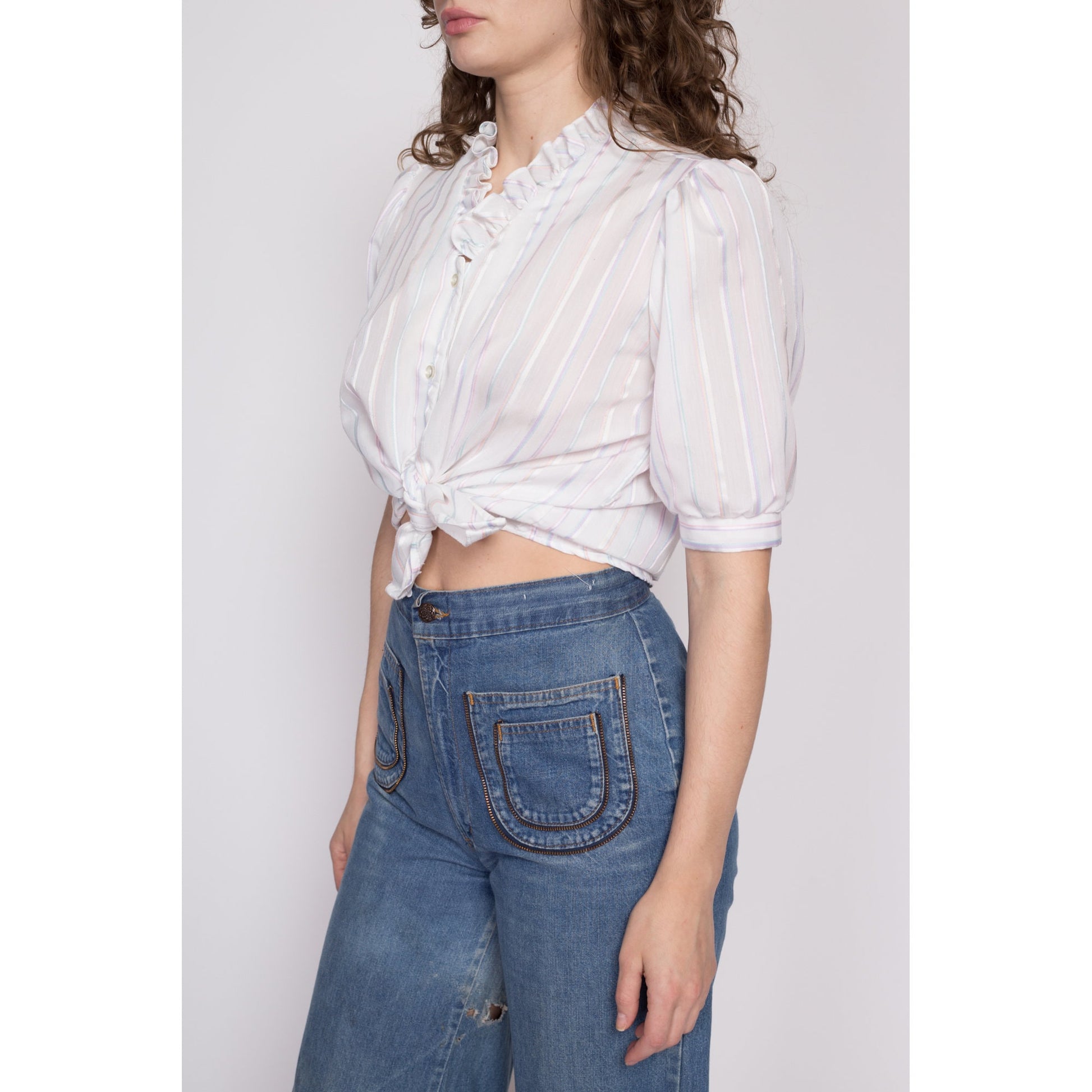 70s Pastel Candy Striped Puff Sleeve Blouse - Medium | Vintage White Prairie Ruffle Collar Button Up Top