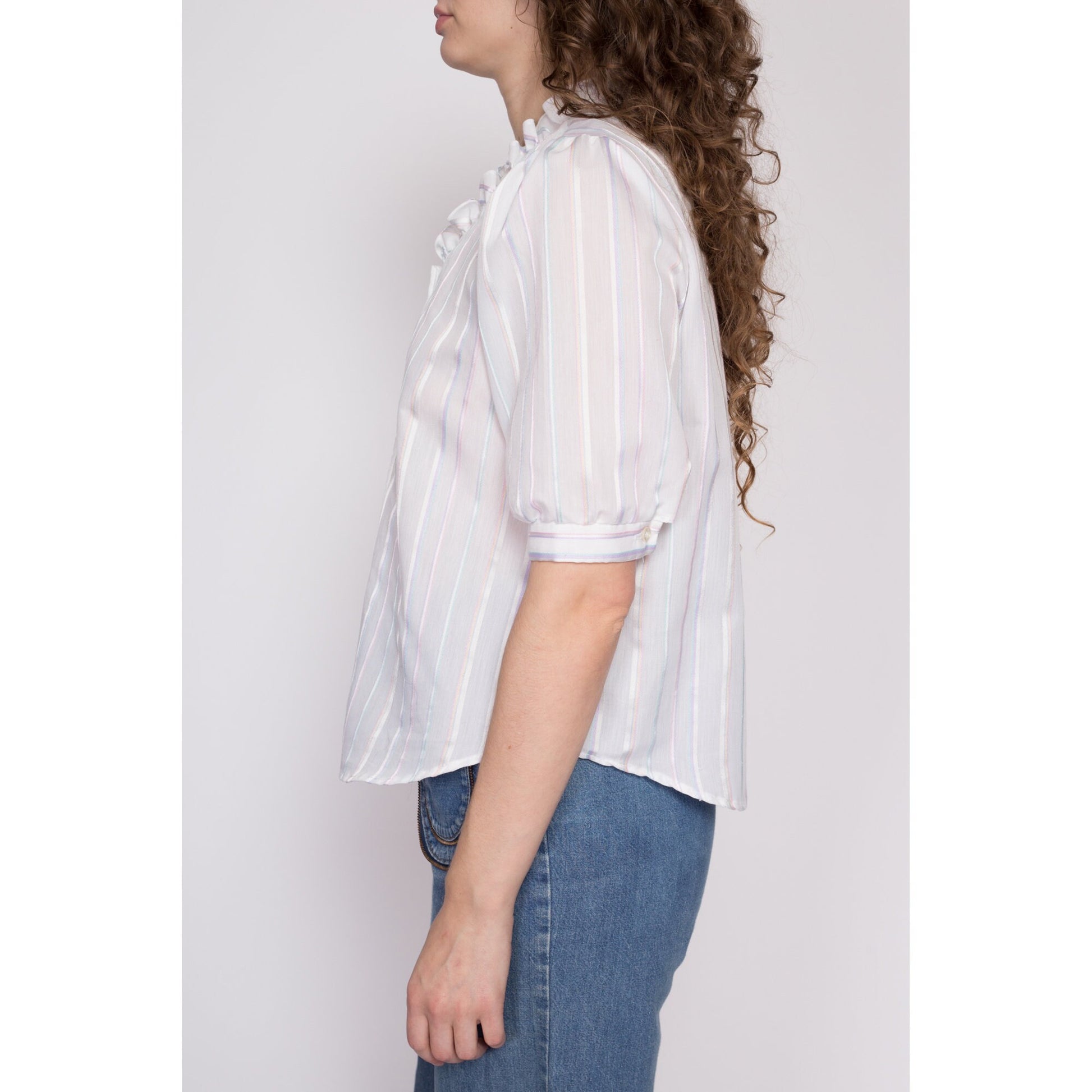 70s Pastel Candy Striped Puff Sleeve Blouse - Medium | Vintage White Prairie Ruffle Collar Button Up Top