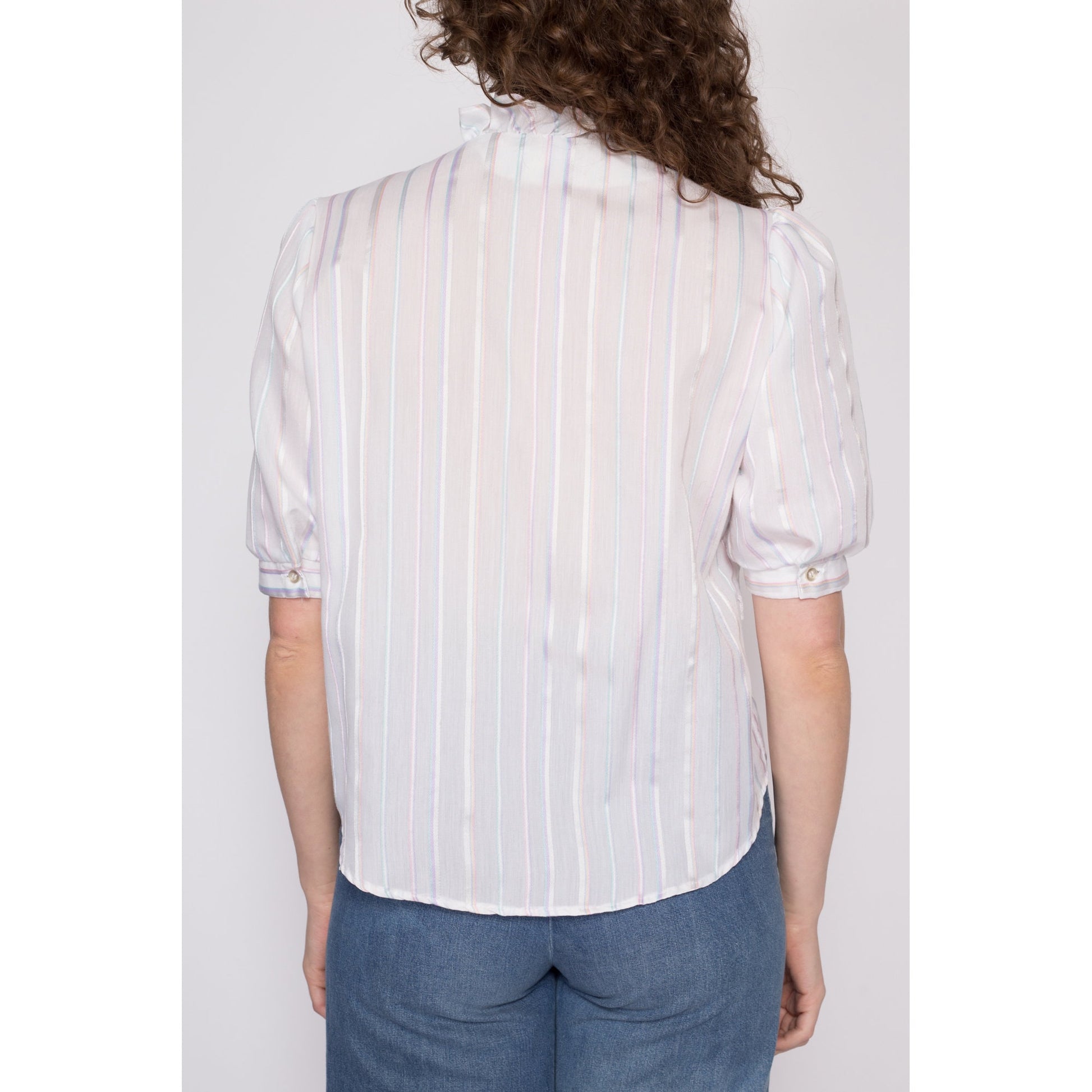 70s Pastel Candy Striped Puff Sleeve Blouse - Medium | Vintage White Prairie Ruffle Collar Button Up Top