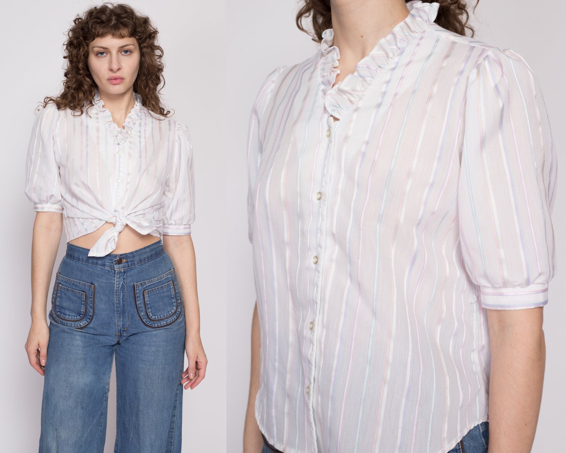 70s Pastel Candy Striped Puff Sleeve Blouse - Medium | Vintage White Prairie Ruffle Collar Button Up Top