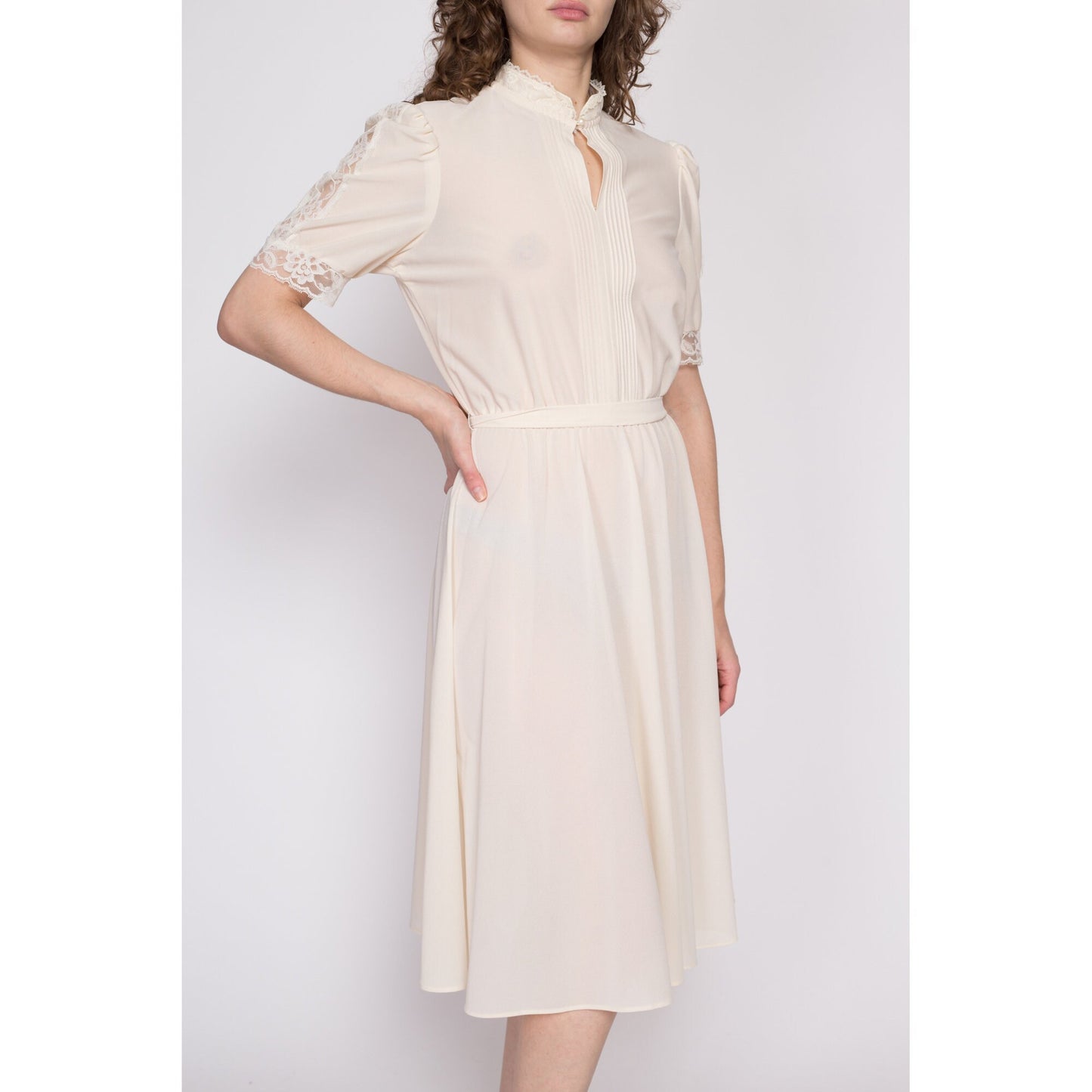 70s Sheer Cream Lace Trim Dress - Large | Vintage Boho Cottagecore Puff Sleeve Midi Dress