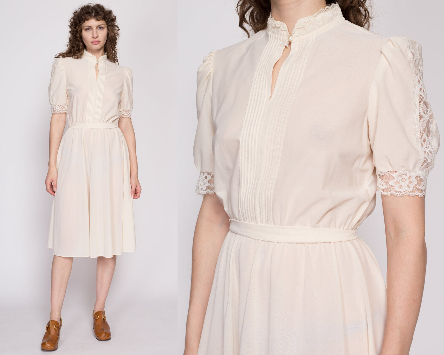 70s Sheer Cream Lace Trim Dress - Medium to Large 70s Sheer Cream Lace Trim Dress - Medium to Large