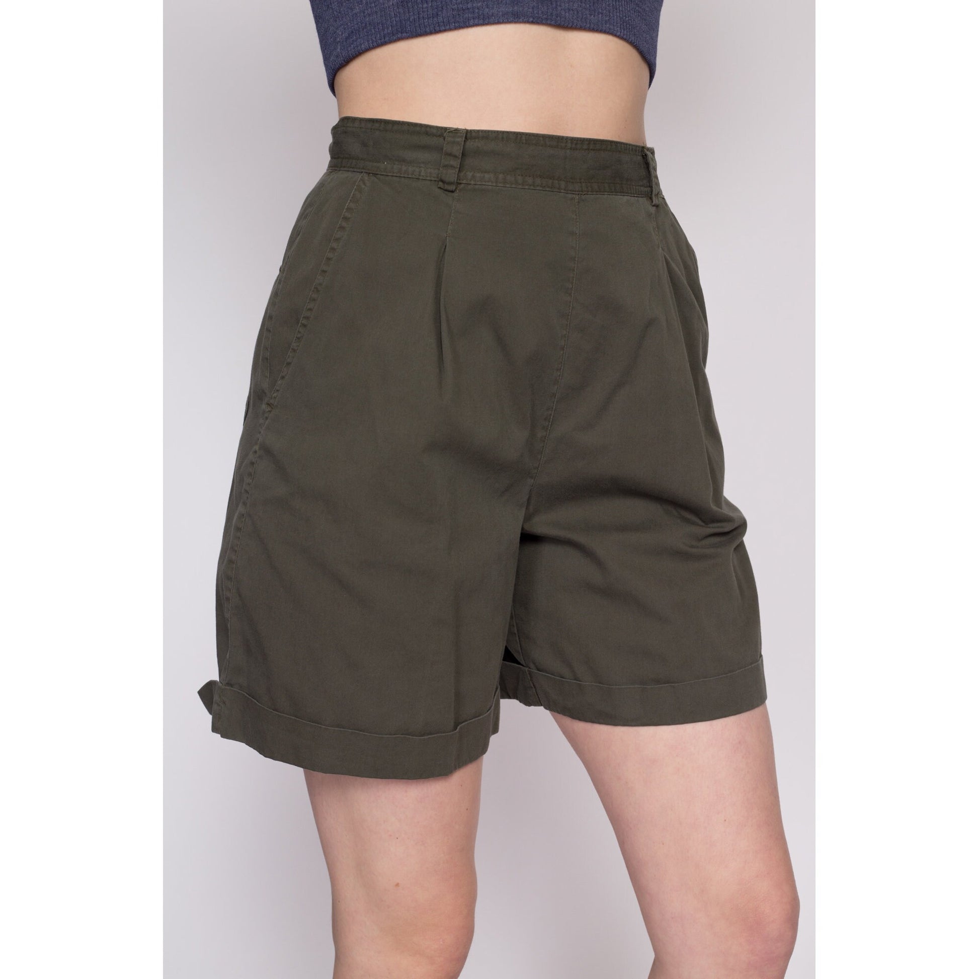 90s Olive High Waisted Pleated Shorts - Medium, 27.5" | Vintage White Stag Cuffed Mom Shorts