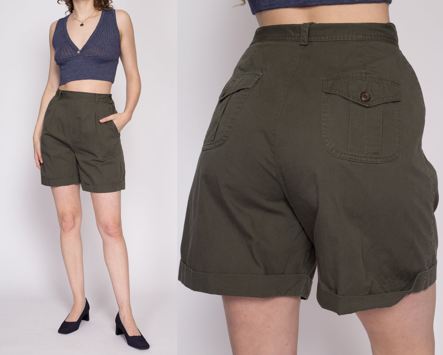90s Olive High Waisted Pleated Shorts - Medium, 27.5" | Vintage White Stag Cuffed Mom Shorts