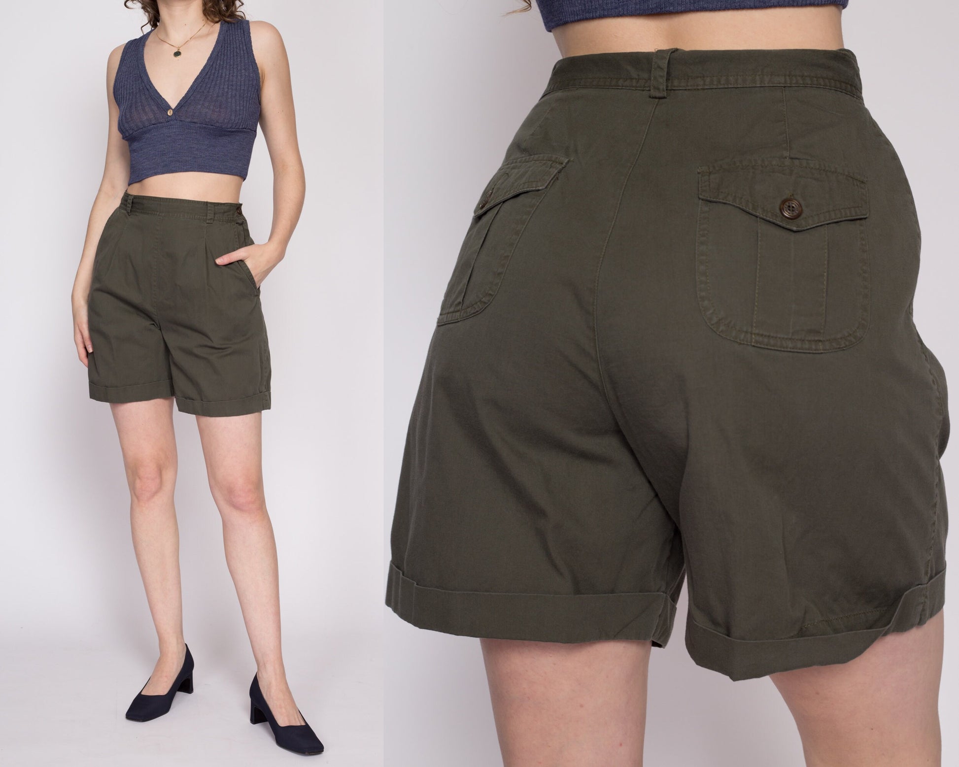 90s Olive High Waisted Pleated Shorts - Medium, 27.5" | Vintage White Stag Cuffed Mom Shorts