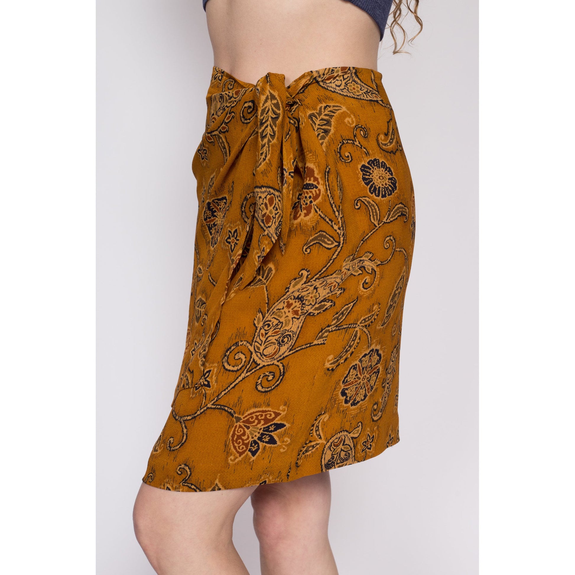 Vintage Silk Floral Paisley Mini Wrap Skirt - Medium | 90s Boho Ochre A Line Miniskirt