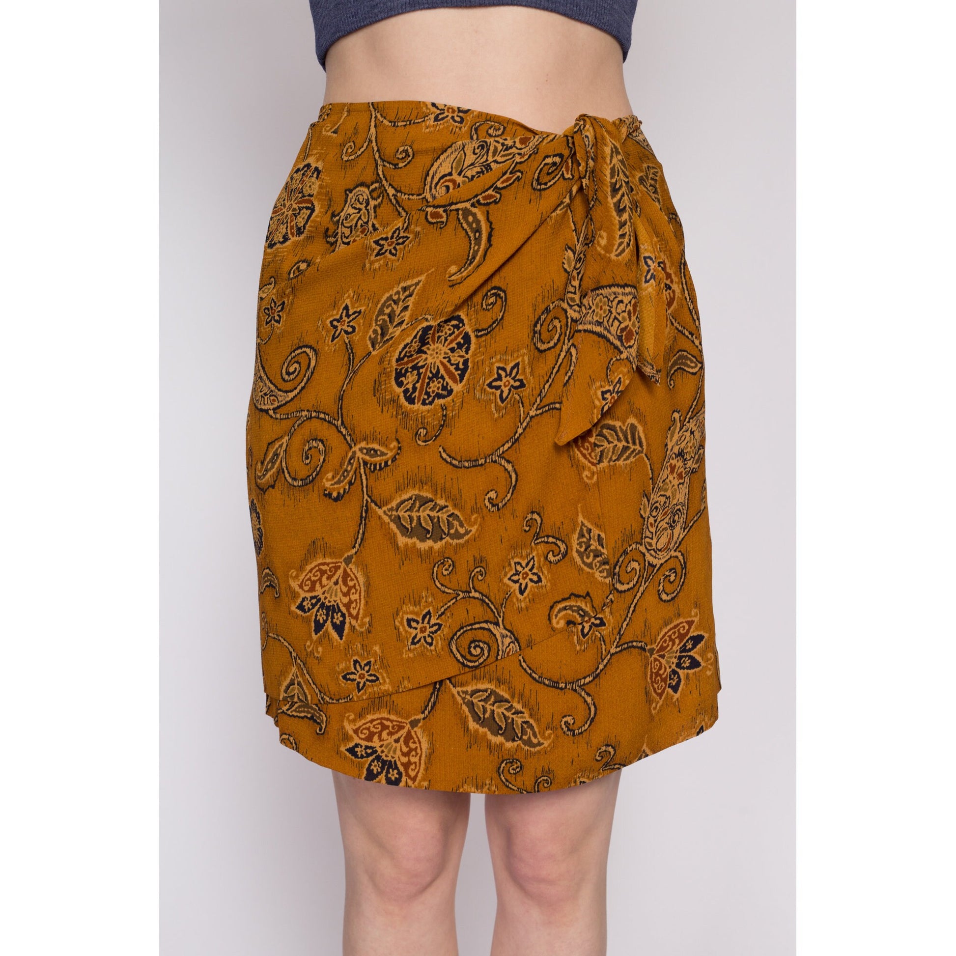 Vintage Silk Floral Paisley Mini Wrap Skirt - Medium | 90s Boho Ochre A Line Miniskirt
