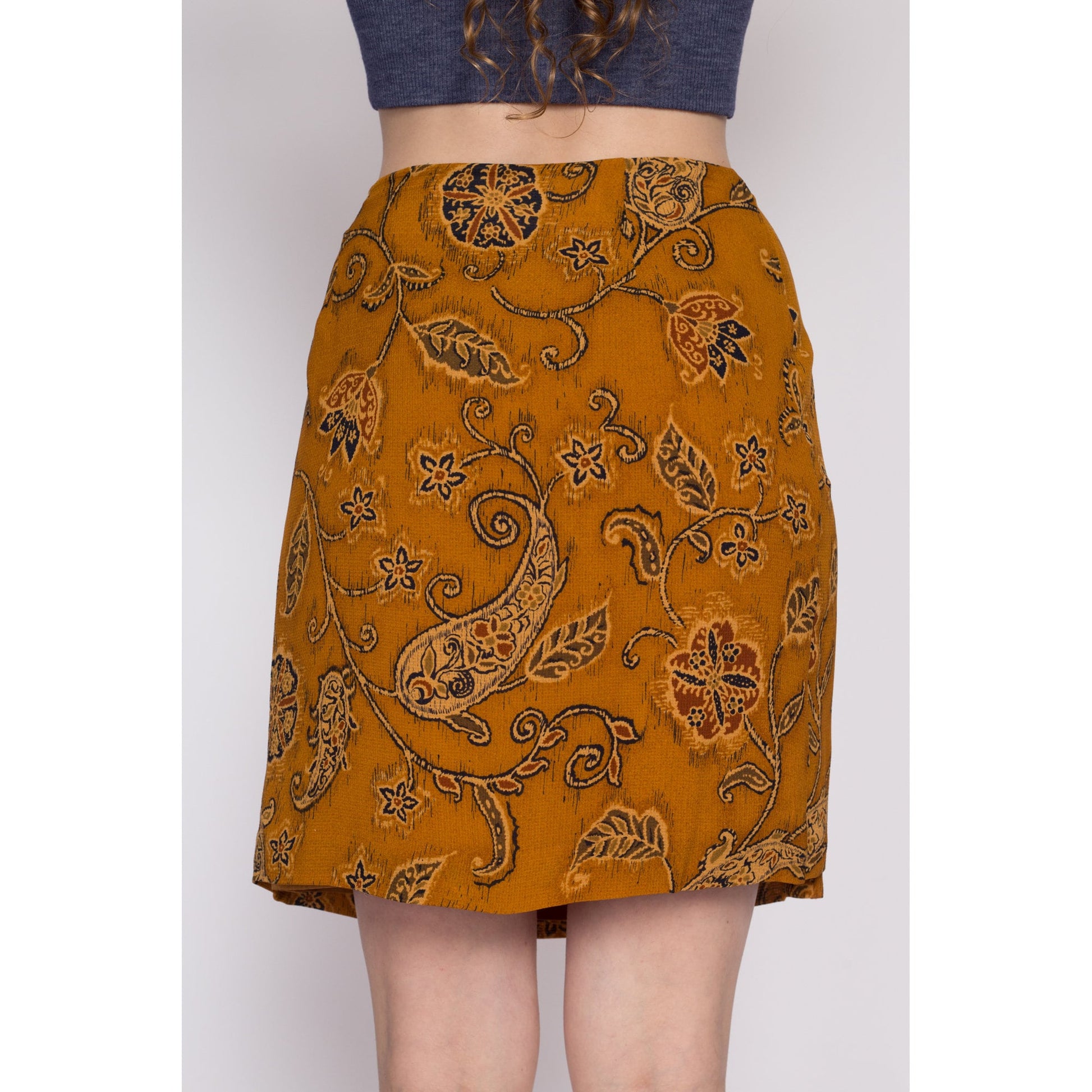 Vintage Silk Floral Paisley Mini Wrap Skirt - Medium | 90s Boho Ochre A Line Miniskirt