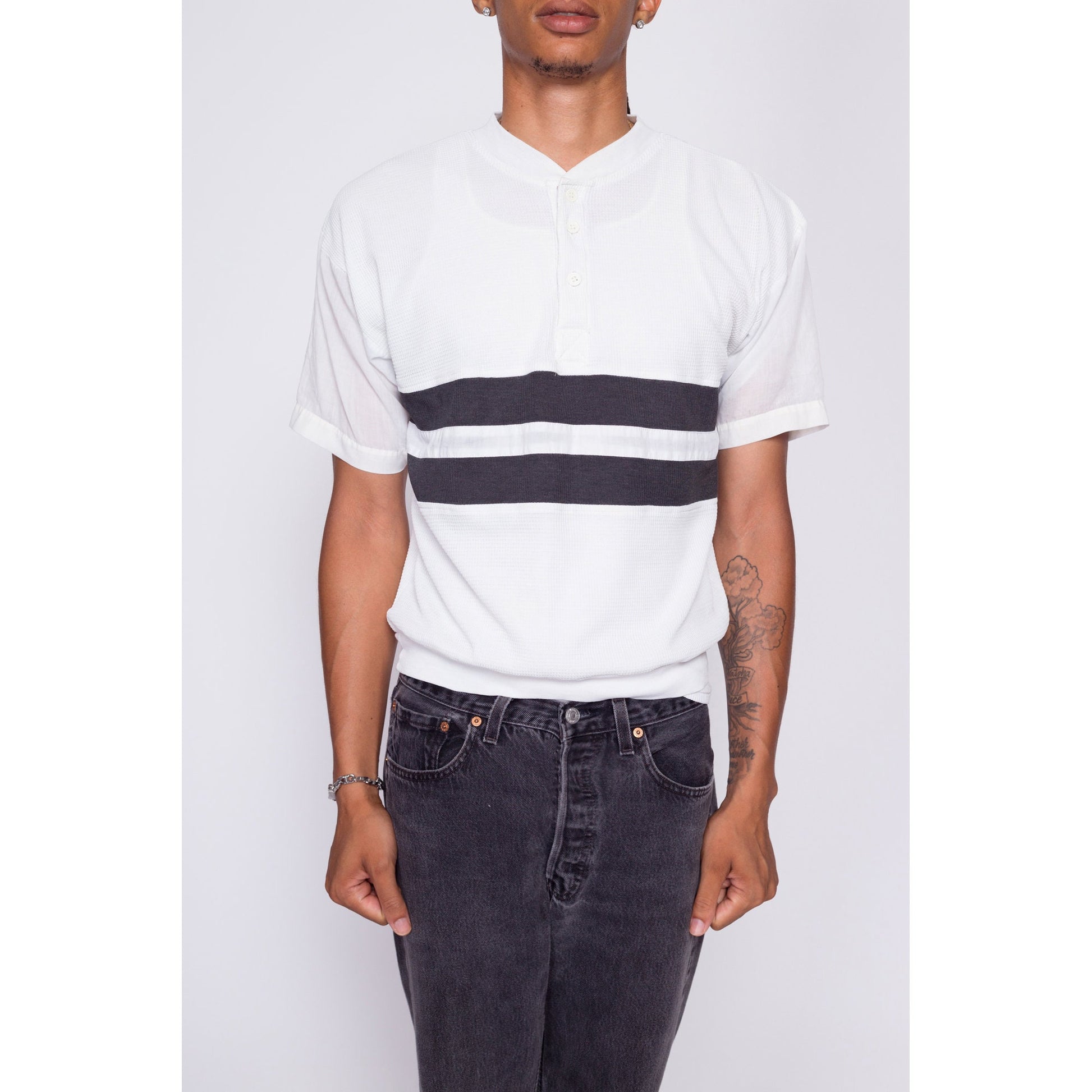 80s White & Black Striped Henley Shirt - Men's Medium to Large | Vintage Lightweight Waffle Knit Sportswear Top