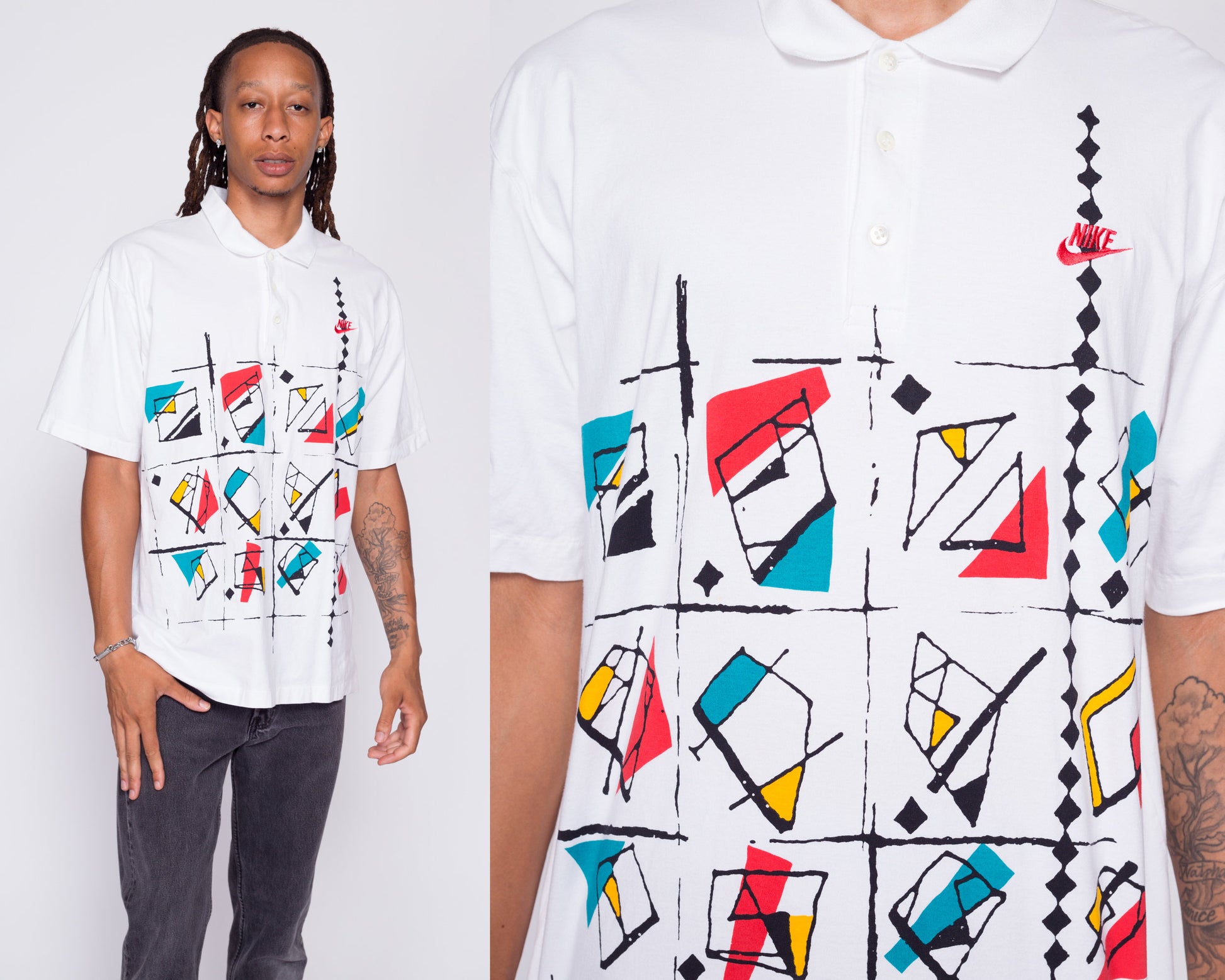 80s Nike Polo Shirt - Men's Large to XL | Vintage Grey Tag Streetwear Swoosh Logo Abstract Graphic Tee