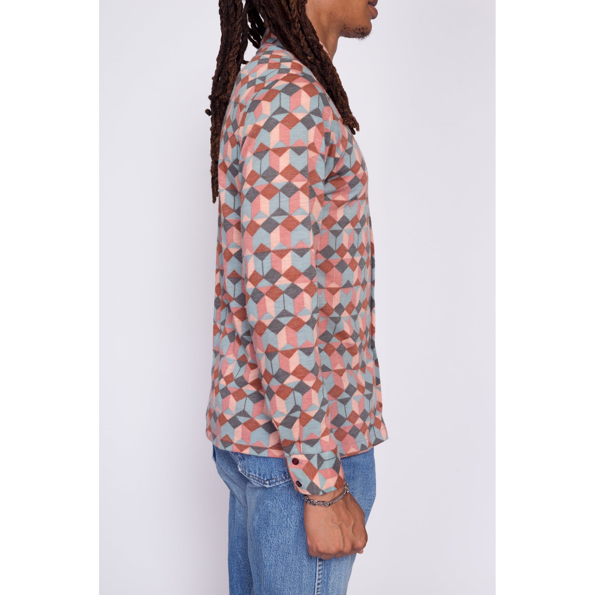 70s Optical Illusion Knit Disco Shirt - Men's Small | Vintage Abstract Geometric Op Art Collared Long Sleeve Top