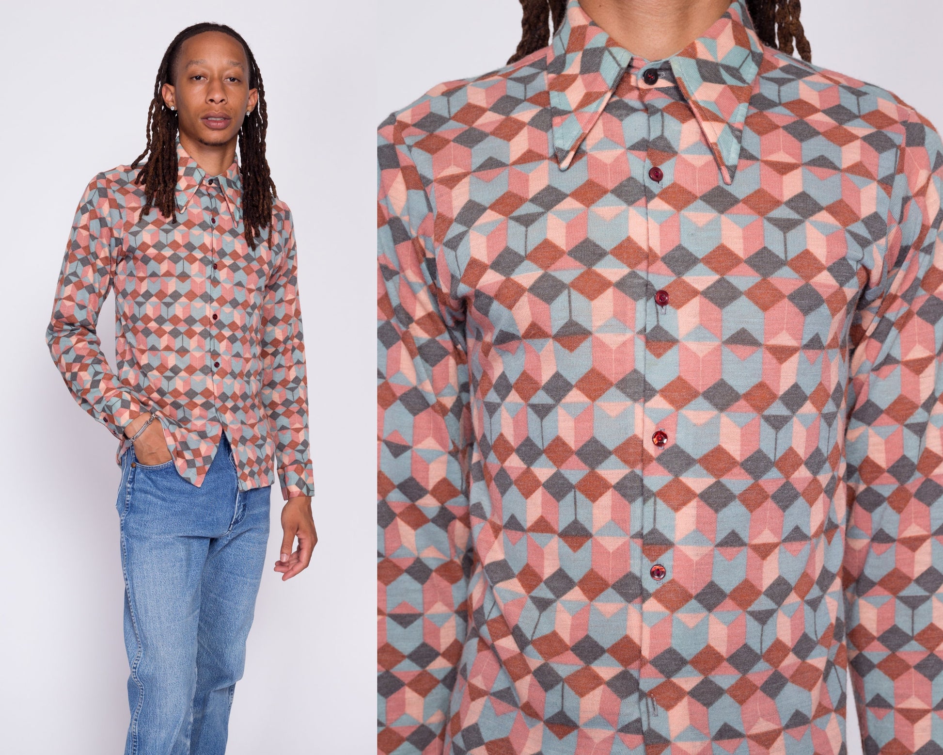 70s Optical Illusion Knit Disco Shirt - Men's Small | Vintage Abstract Geometric Op Art Collared Long Sleeve Top