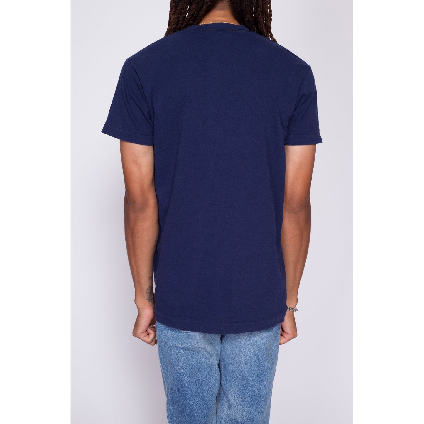 80s Plain Navy Blue Pocket Tee - Men's Medium | Vintage Fruit Of The Loom Cotton Blank T-Shirt