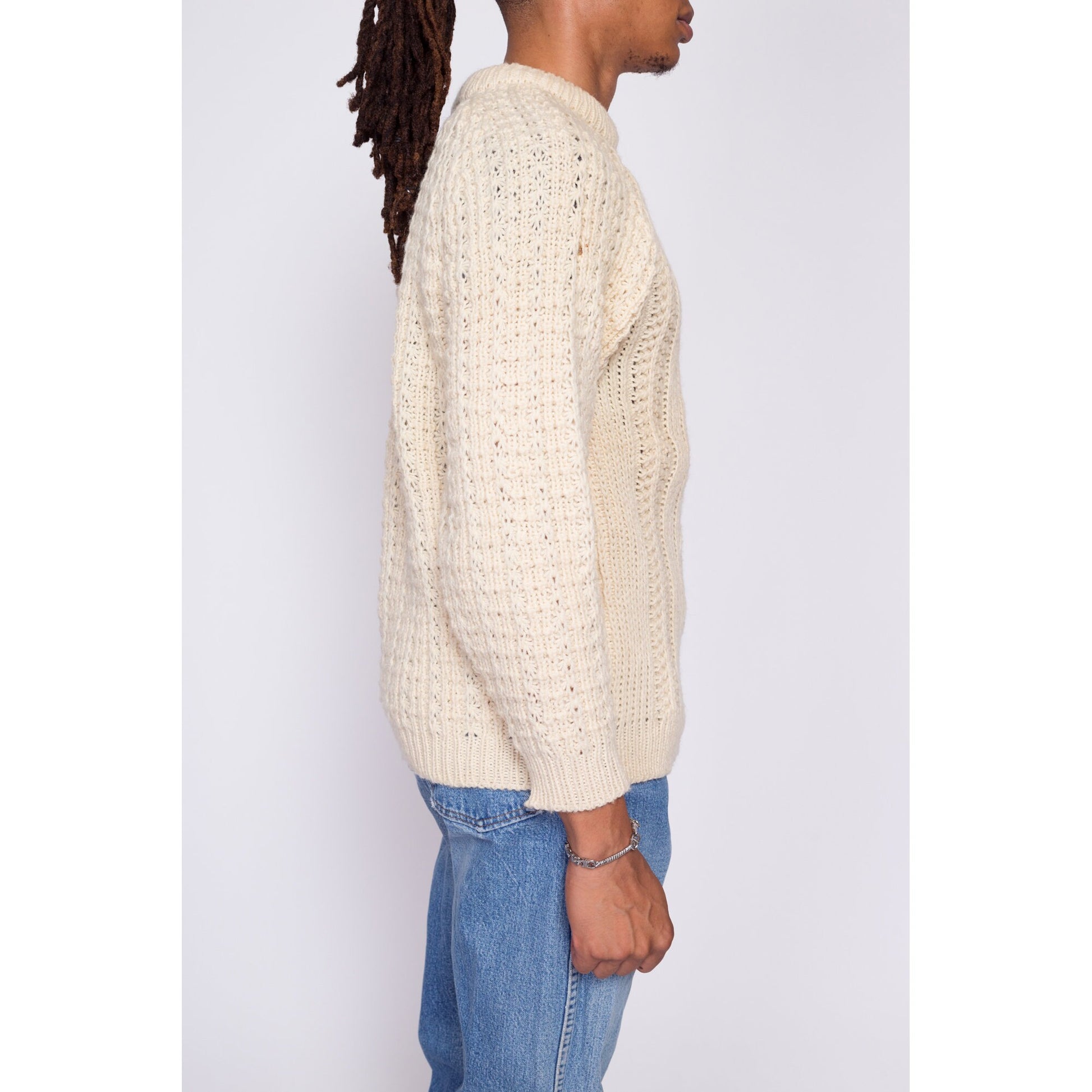 70s McRitchie Of Edinburgh Cable Knit Sweater - Men's Small Short | Vintage Cream Wool Fisherman Pullover Jumper