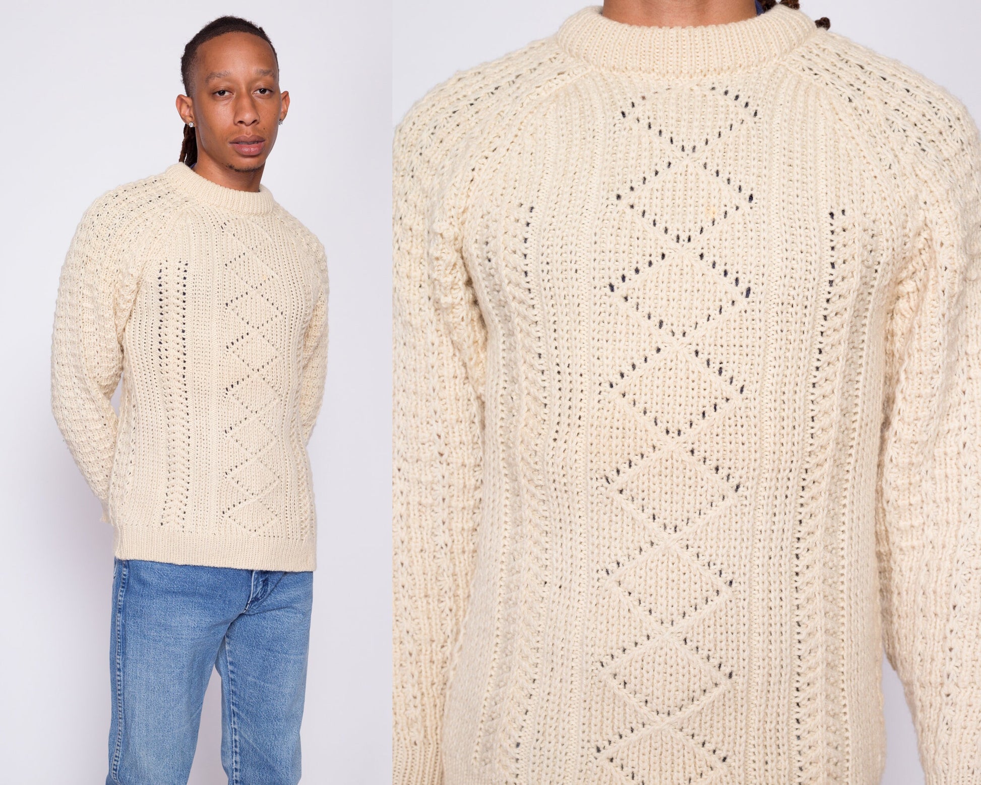 70s McRitchie Of Edinburgh Cable Knit Sweater - Men's Small Short | Vintage Cream Wool Fisherman Pullover Jumper
