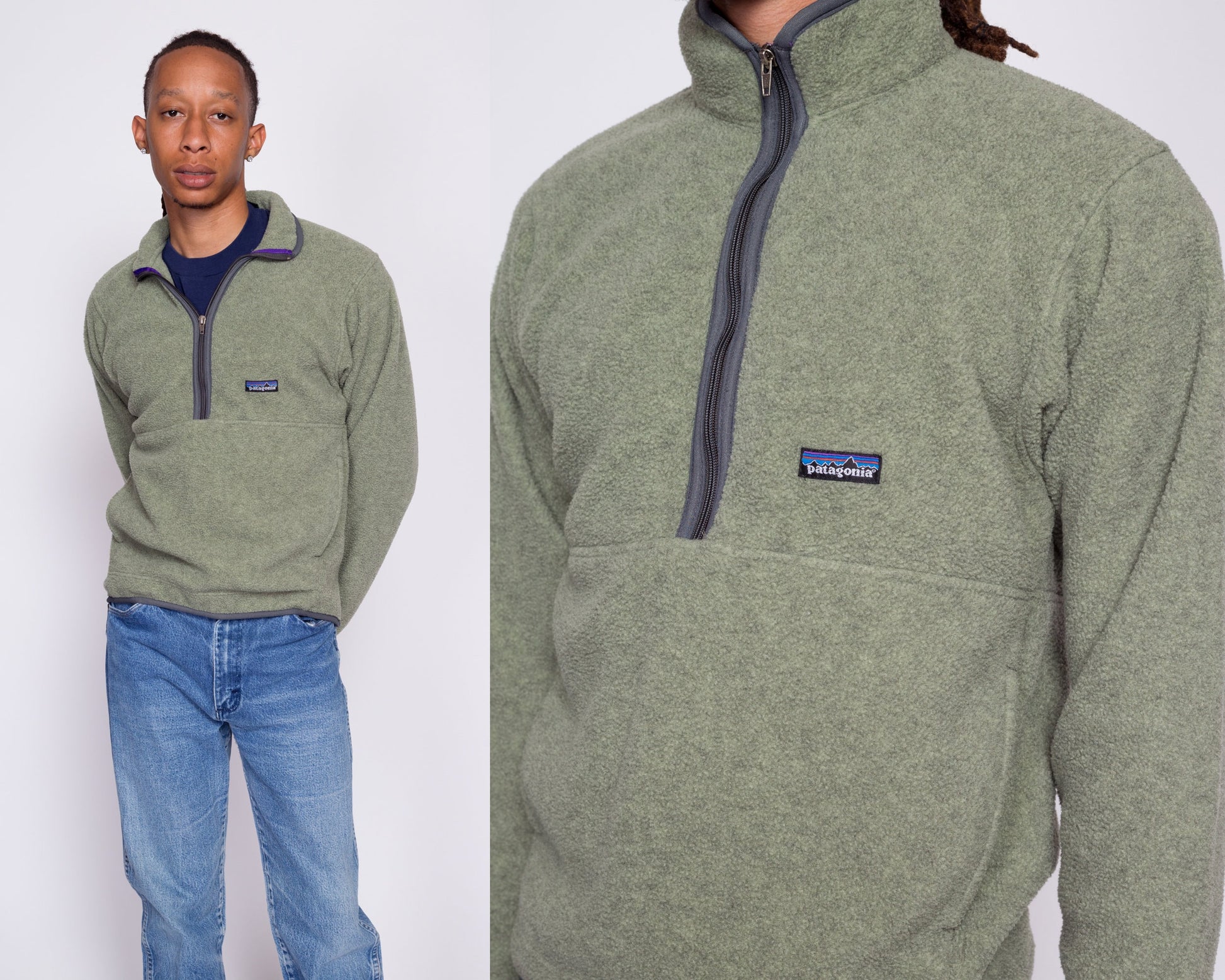 Vintage Patagonia Sage Green Synchilla Fleece Half Zip Sweatshirt - Men's Small | 90s Y2K Zip Front High Neck Plain Pullover