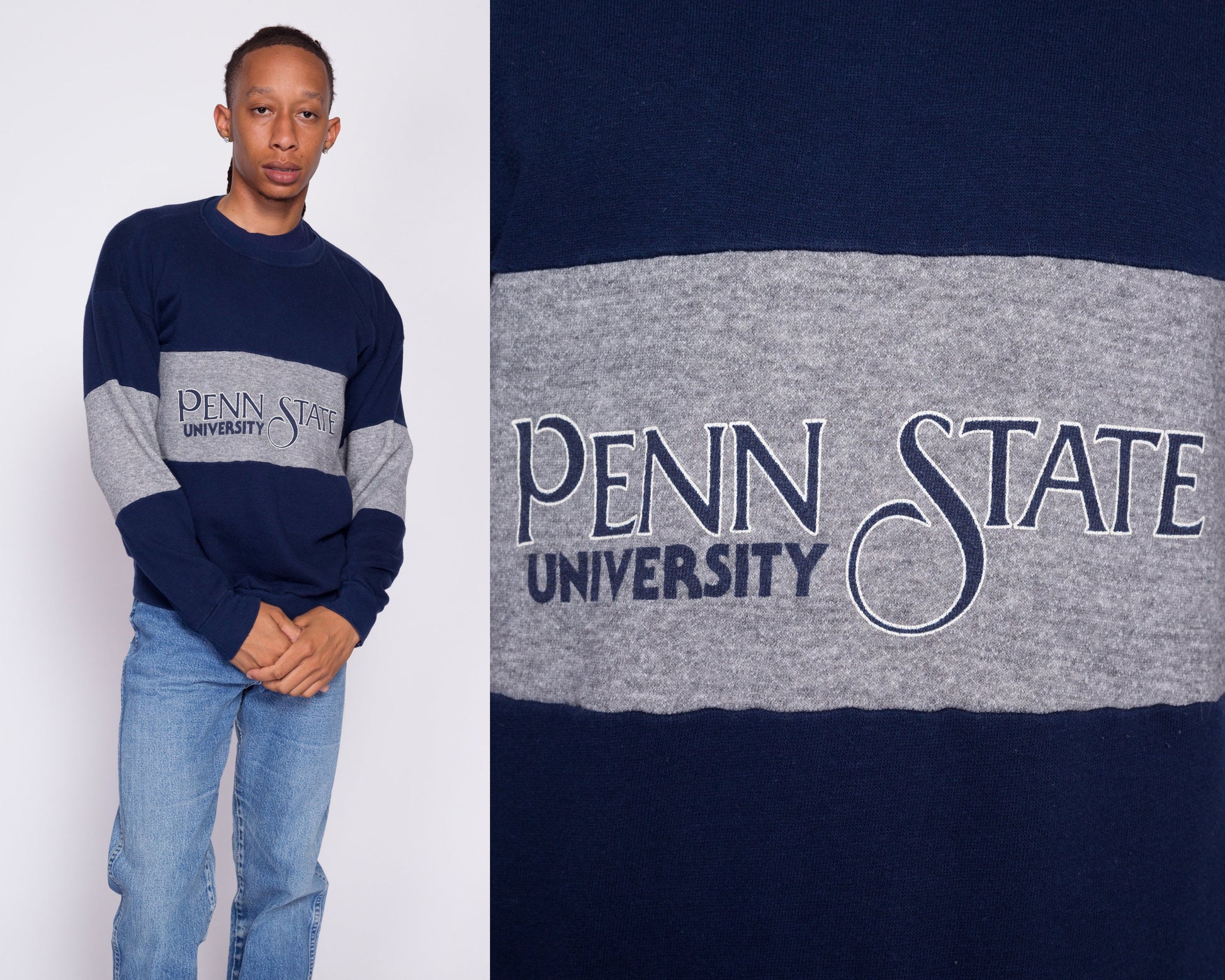 80s Penn State University Sweatshirt - Men's Large | Vintage Navy Blue Color Block Striped Collegiate Pullover