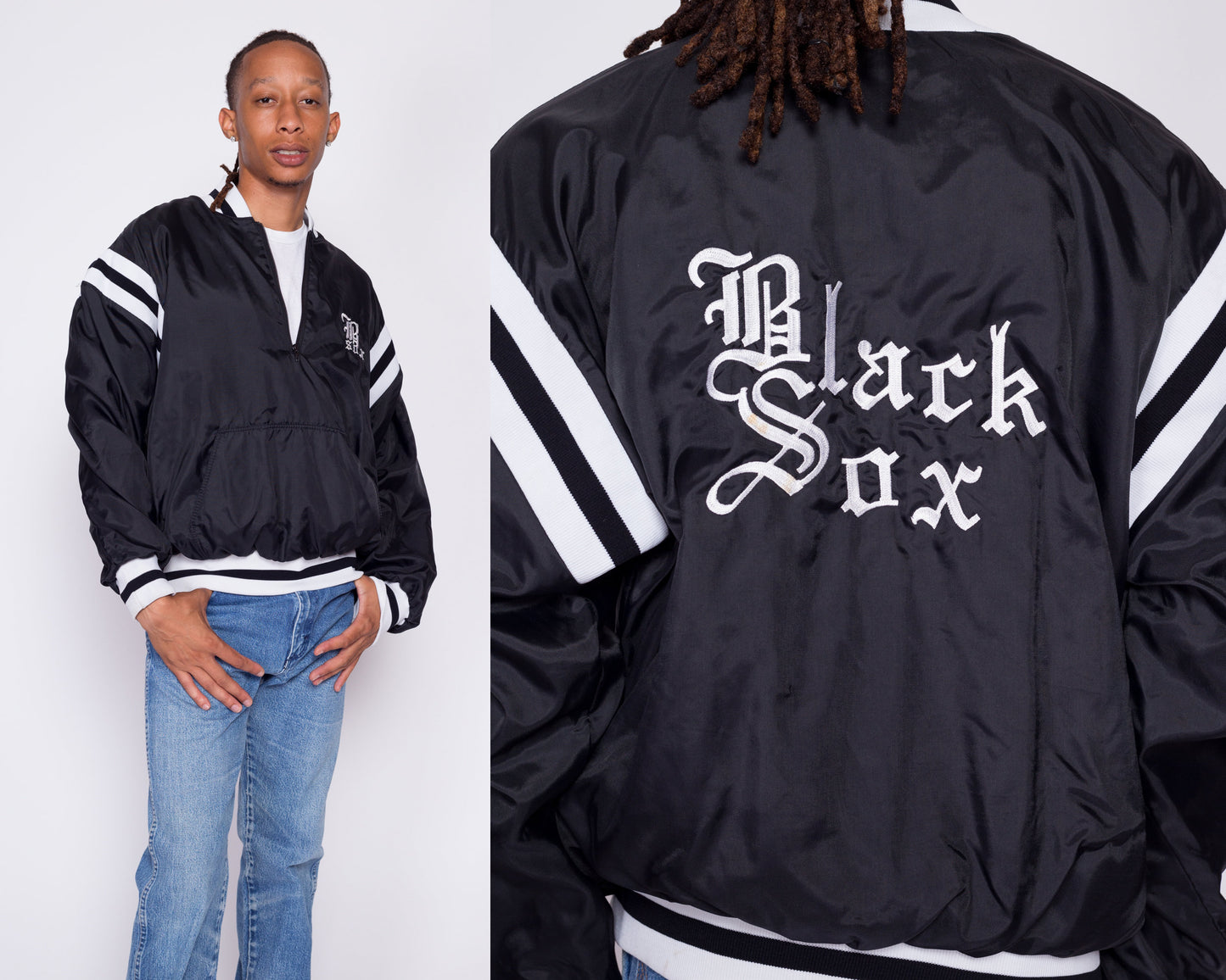 80s Black Sox Baseball Quarter Zip Windbreaker - Men's XL | Vintage Black White Striped MLB Pullover Jacket