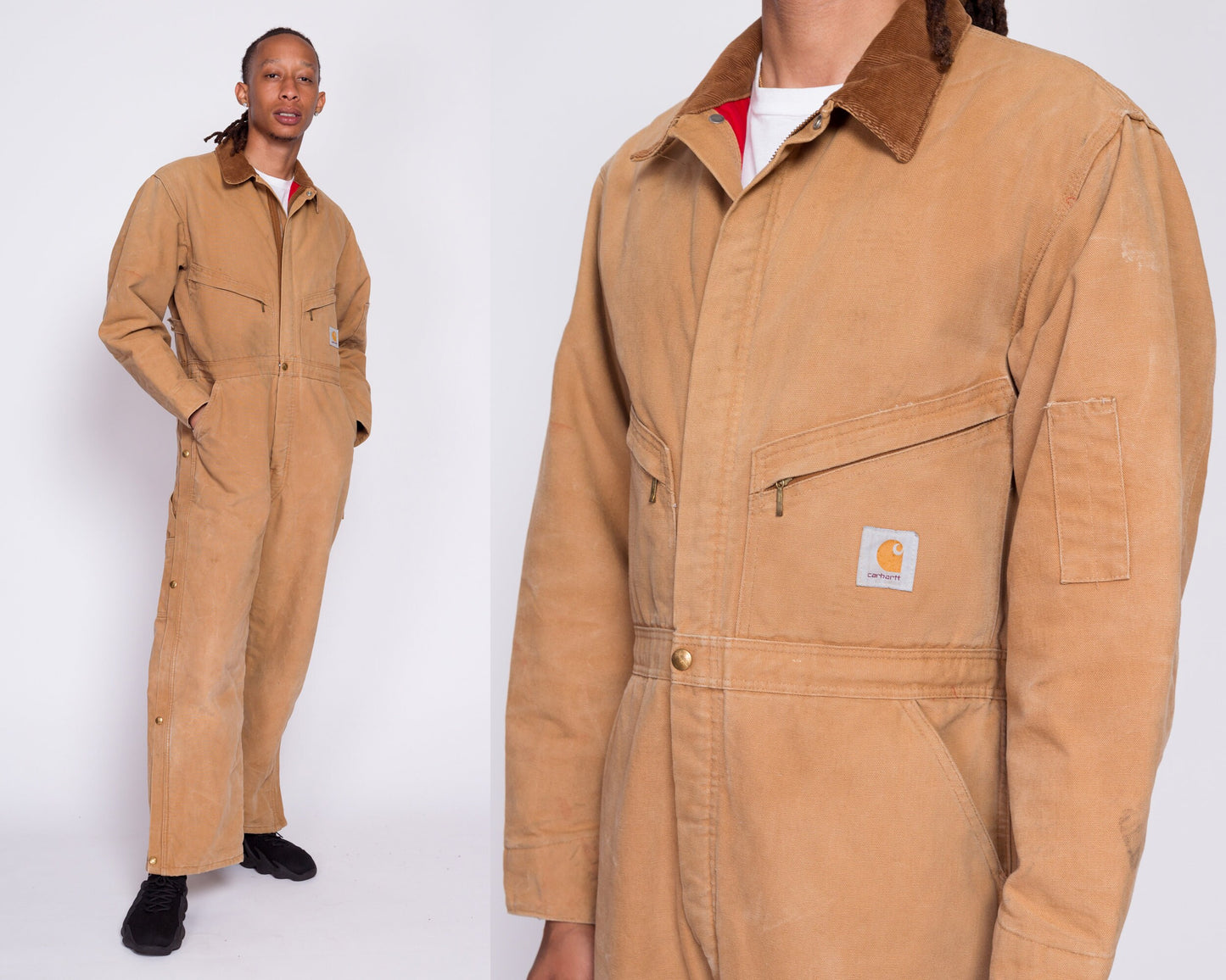 90s Carhartt Made In USA Insulated Coveralls - 42 Short | Vintage Tan Cotton Duck Canvas Workwear Zip Front Jumpsuit