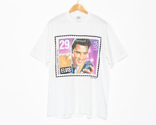 90s Elvis Presley Postage Stamp T Shirt - Men's XL | Vintage White Graphic Music Tee