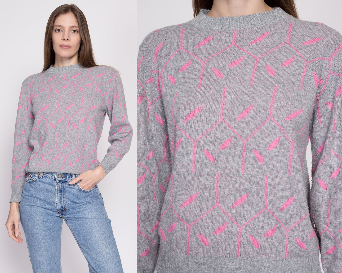 80s Teasers Abstract Knit Sweater - Medium | Vintage Grey & Pink Geometric Pattern Girly Pullover