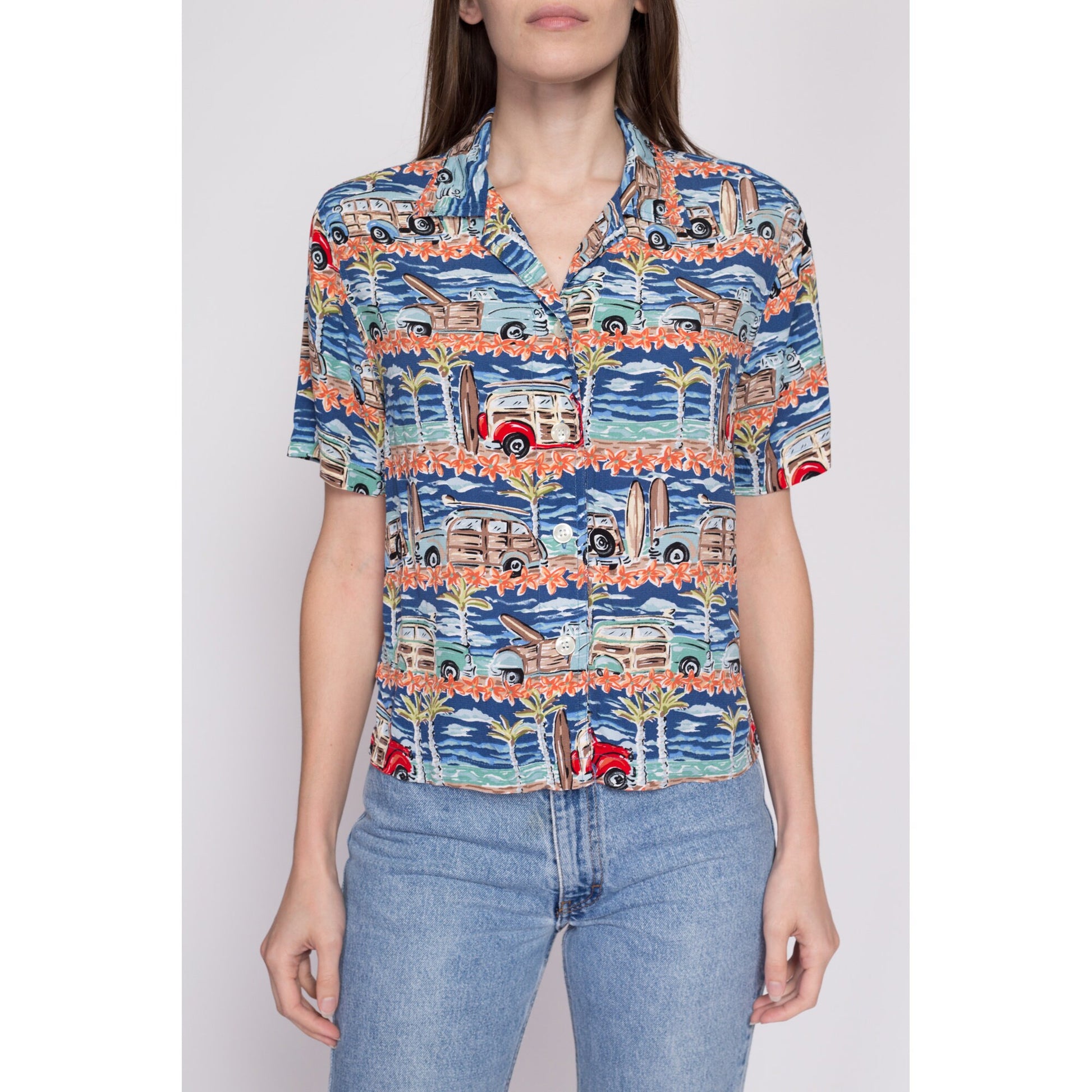 90s Woody Wagon Surfer Aloha Shirt - Small | Vintage Button Up Short Sleeve Collared Hawaiian Shirt