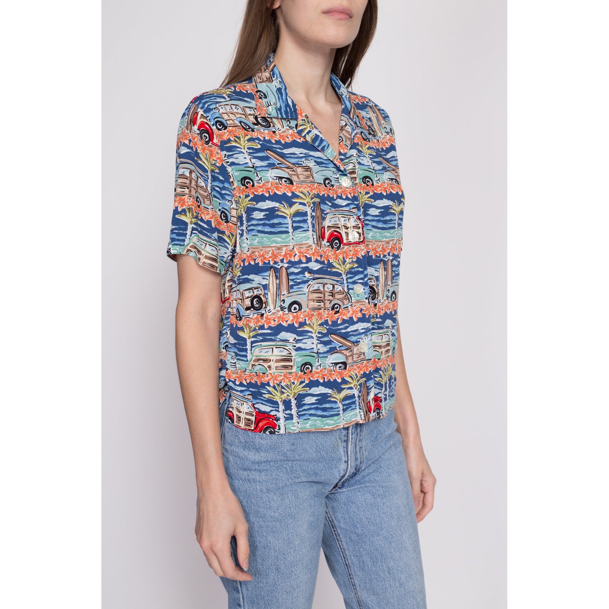 90s Woody Wagon Surfer Aloha Shirt - Small | Vintage Button Up Short Sleeve Collared Hawaiian Shirt