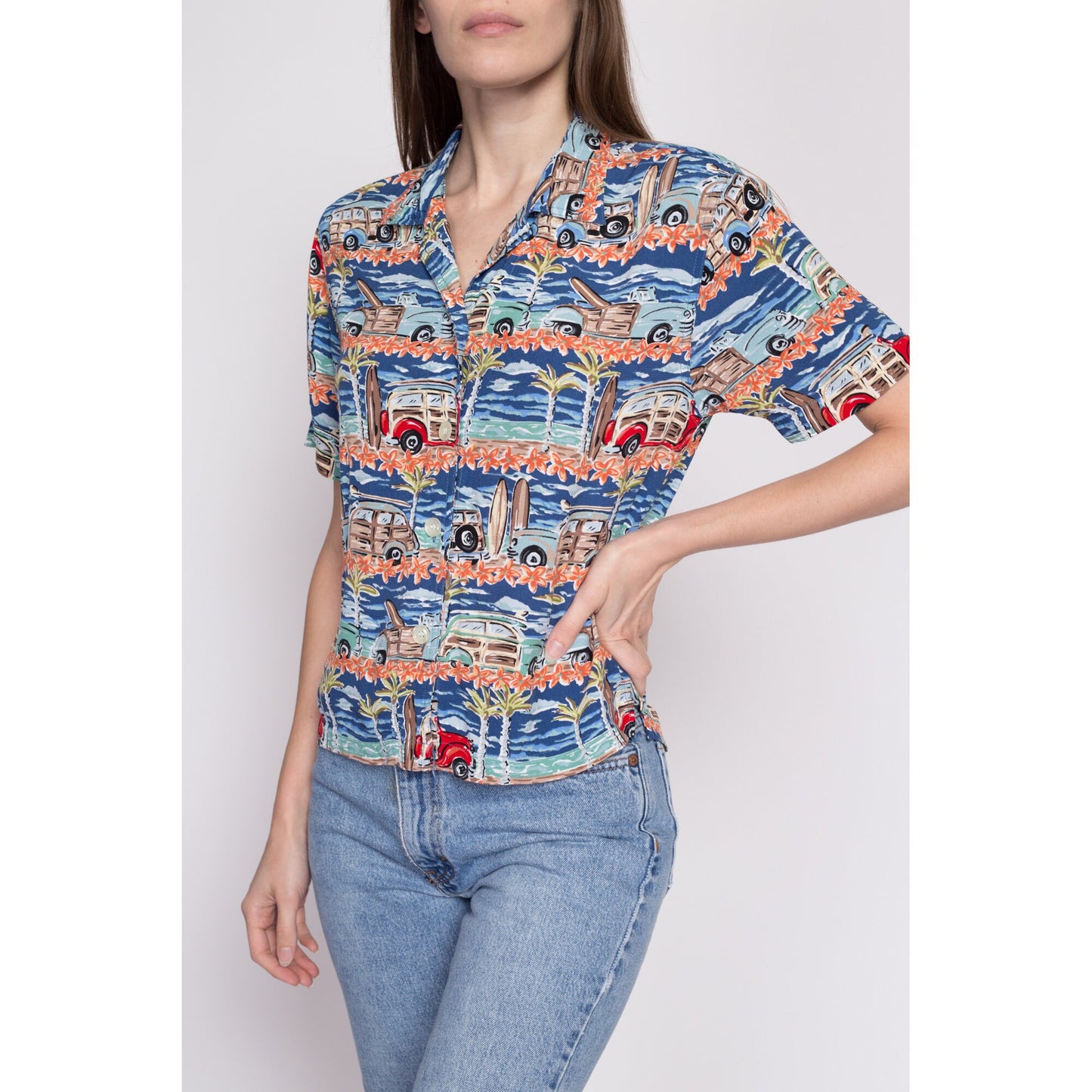 90s Woody Wagon Surfer Aloha Shirt - Small | Vintage Button Up Short Sleeve Collared Hawaiian Shirt