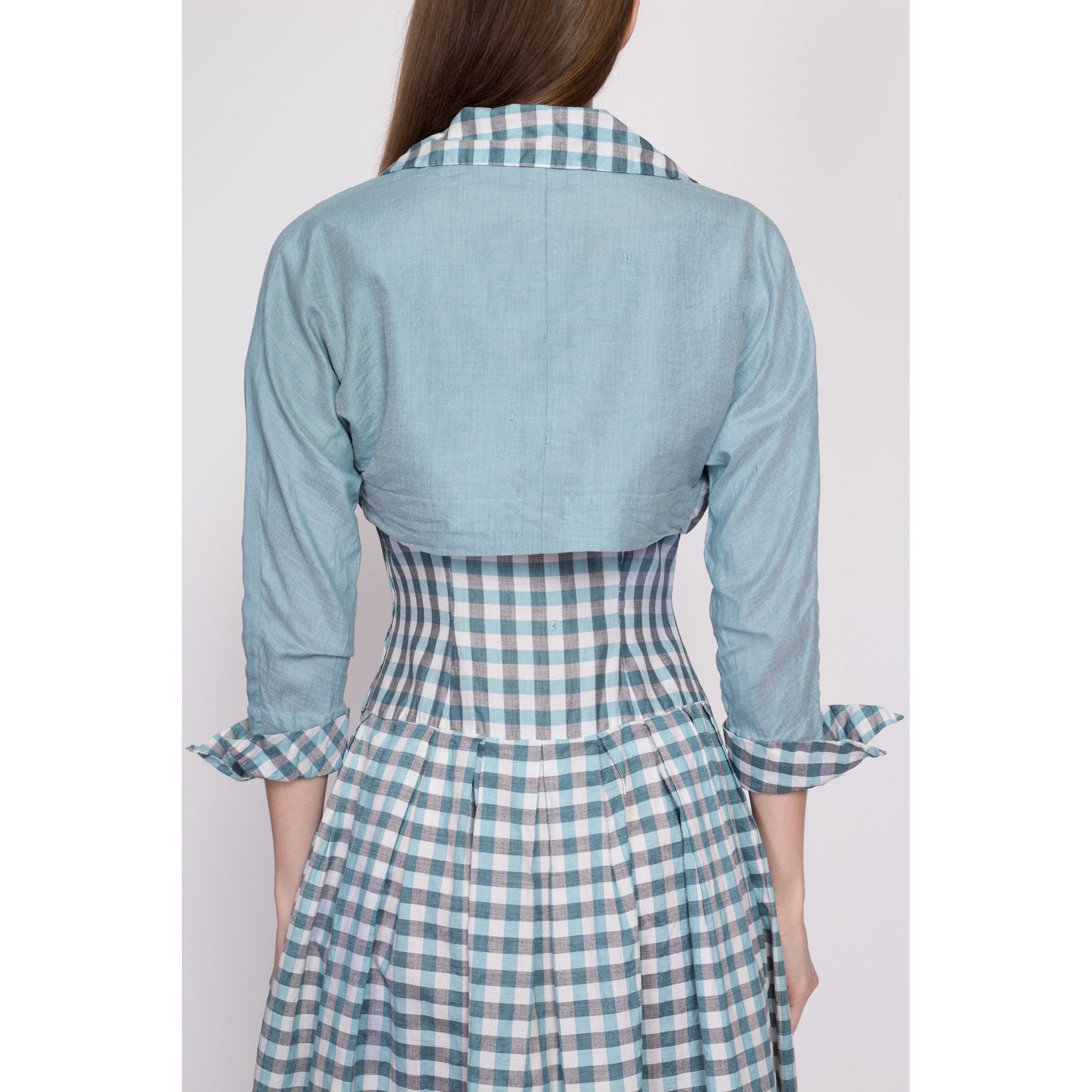 1940s Blue Gingham Midi Dress & Bolero Jacket - Small | Vintage 40s 50s Fit Flare Matching Two Piece Set