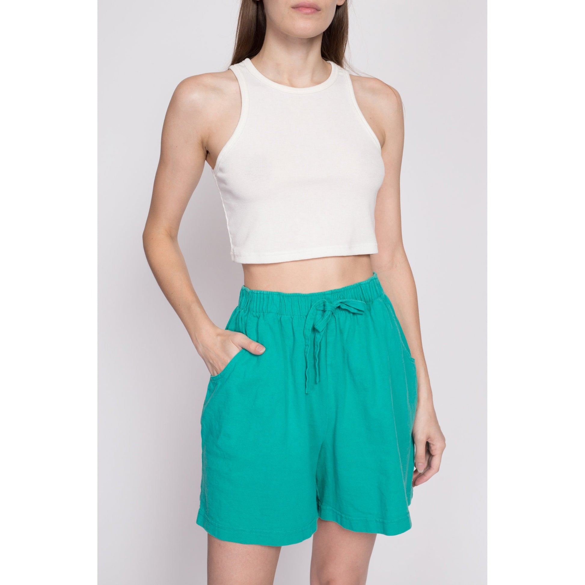 80s Teal Green Cotton Elastic Waist Shorts - Small to Medium | Vintage High Rise Wide Leg Causal Pocket Lounge Shorts
