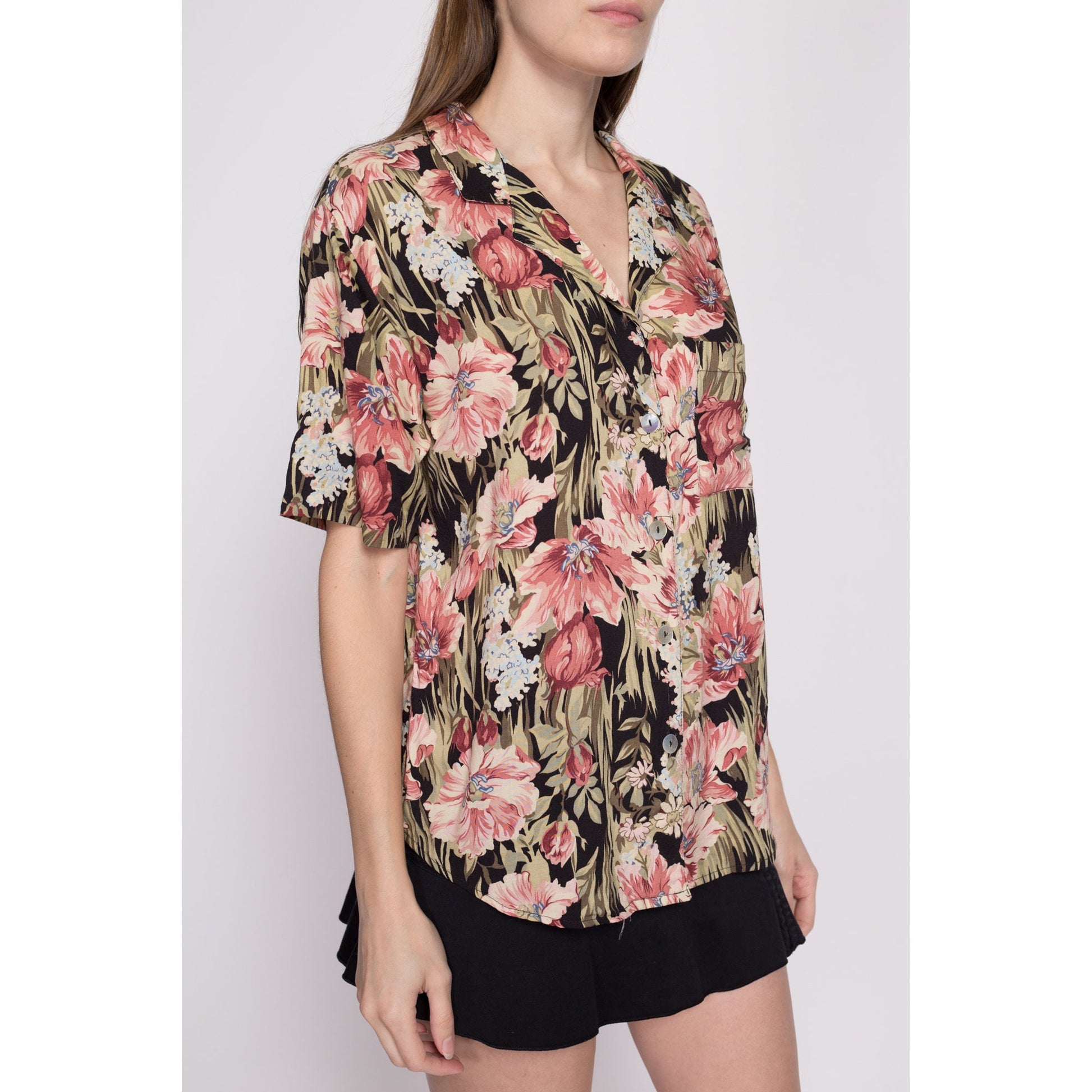 Vintage Floral Lily Print Rayon Blouse - Large | 80s 90s Boho Grunge Button Up Short Sleeve Collared Top